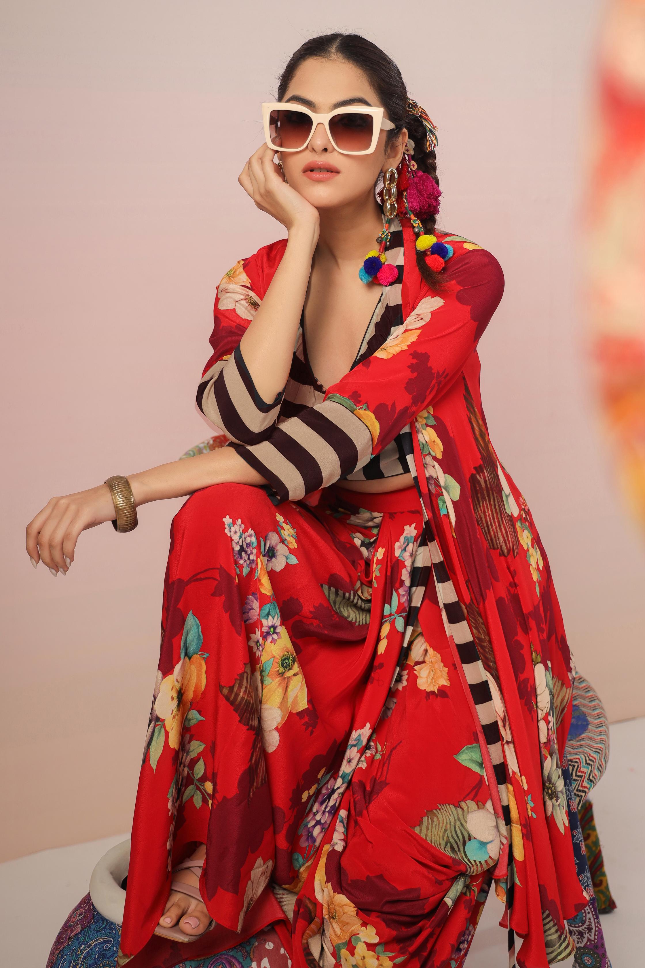 Bright Red Floral Printed Crepe Silk Cape Set