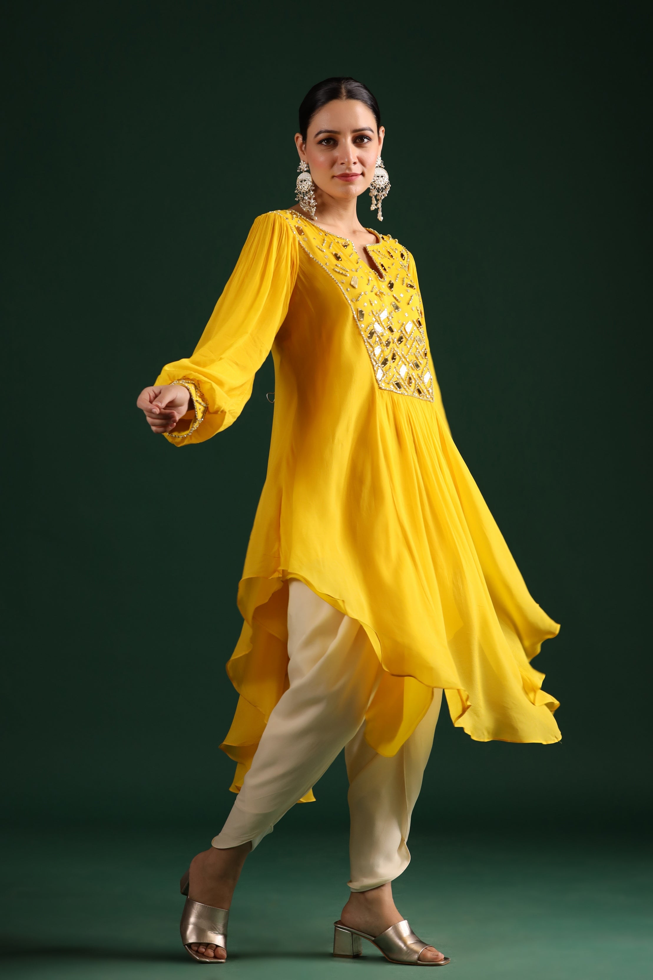 Bright Yellow Embellished Vama Georgette Dhoti Pants Set