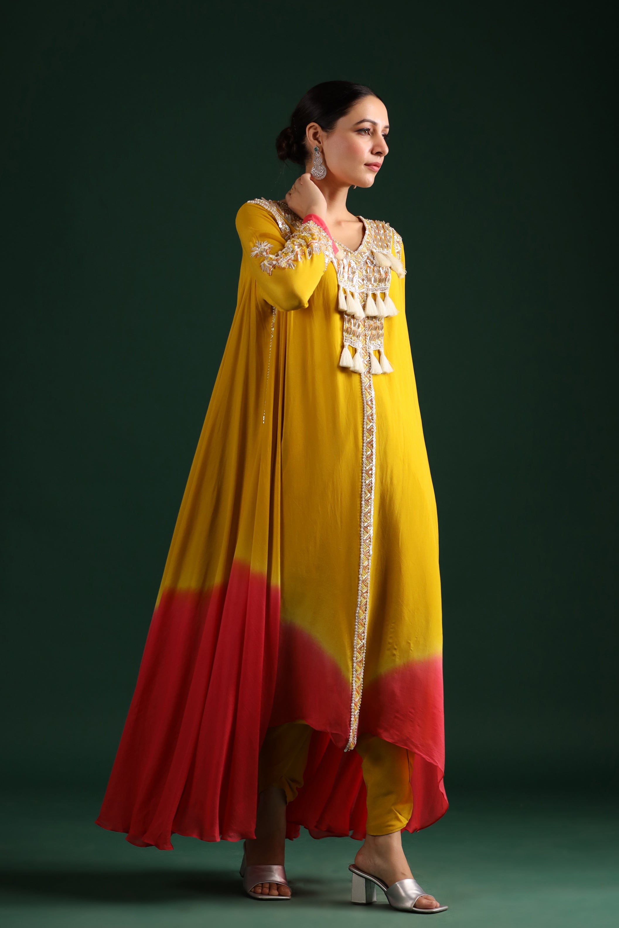 Yellow Ombre Dyed Swiss Georgette Asymmetrical Kurta With Pants