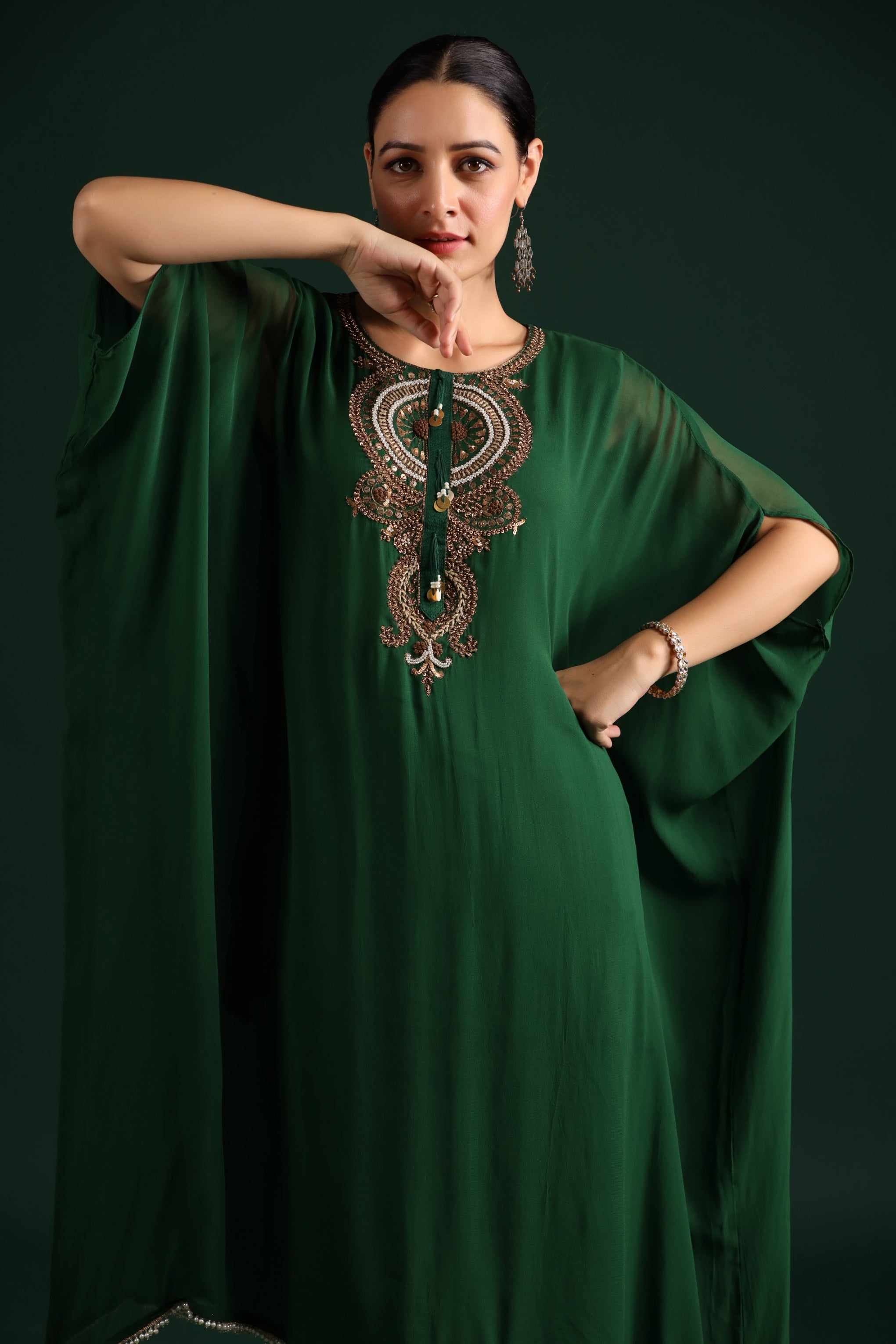 Deep Green Embellished Kaftan Pant Set