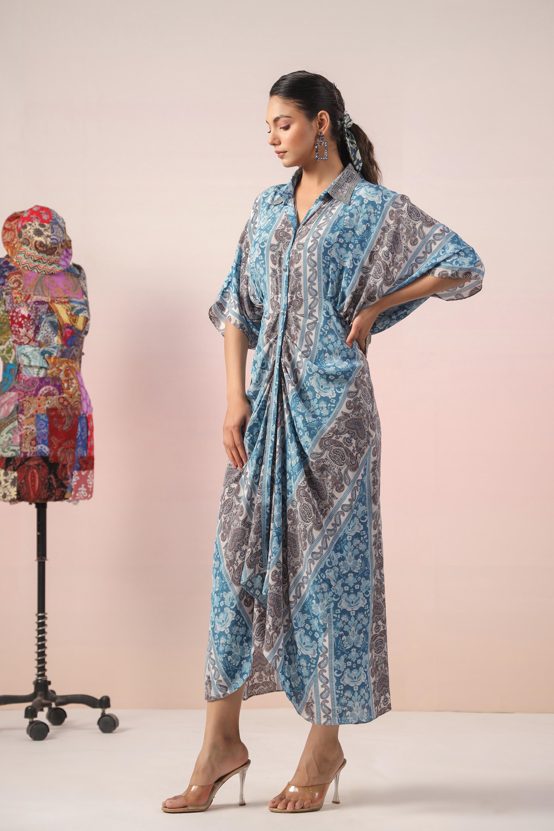 Sky Blue Ethnic Printed Crepe Silk Dress