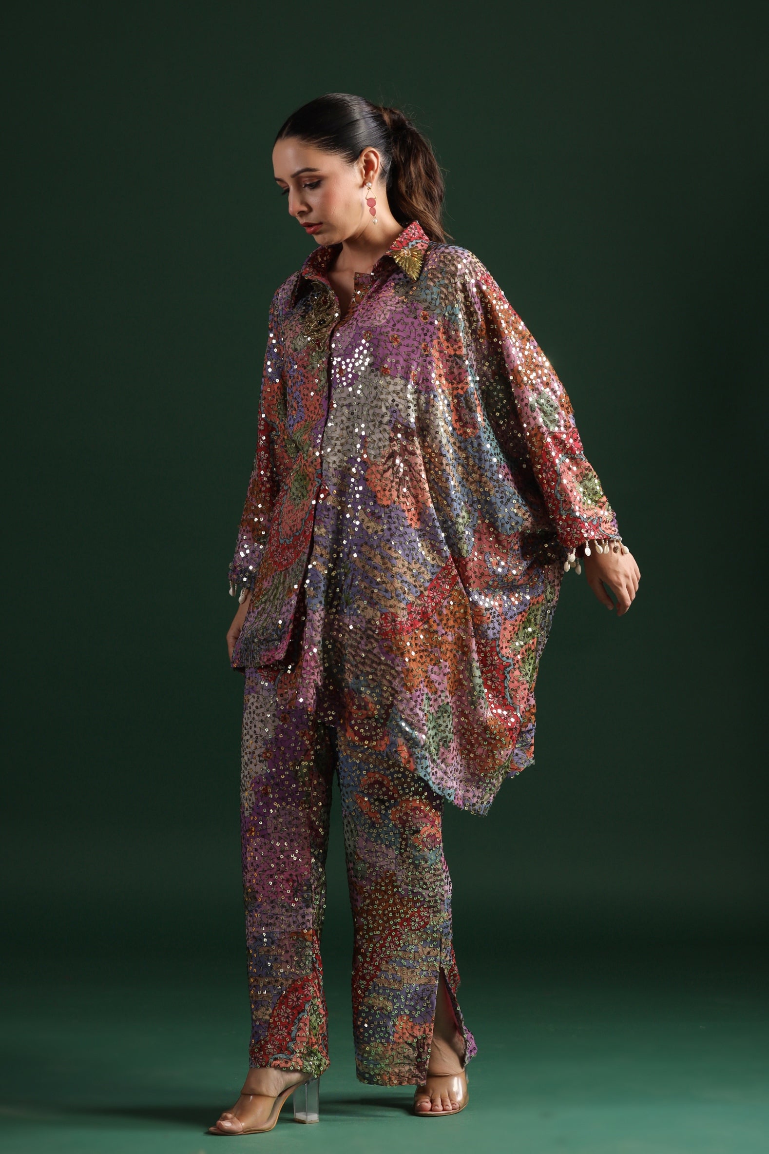 Bright Lilac Floral Embellished Pants Set