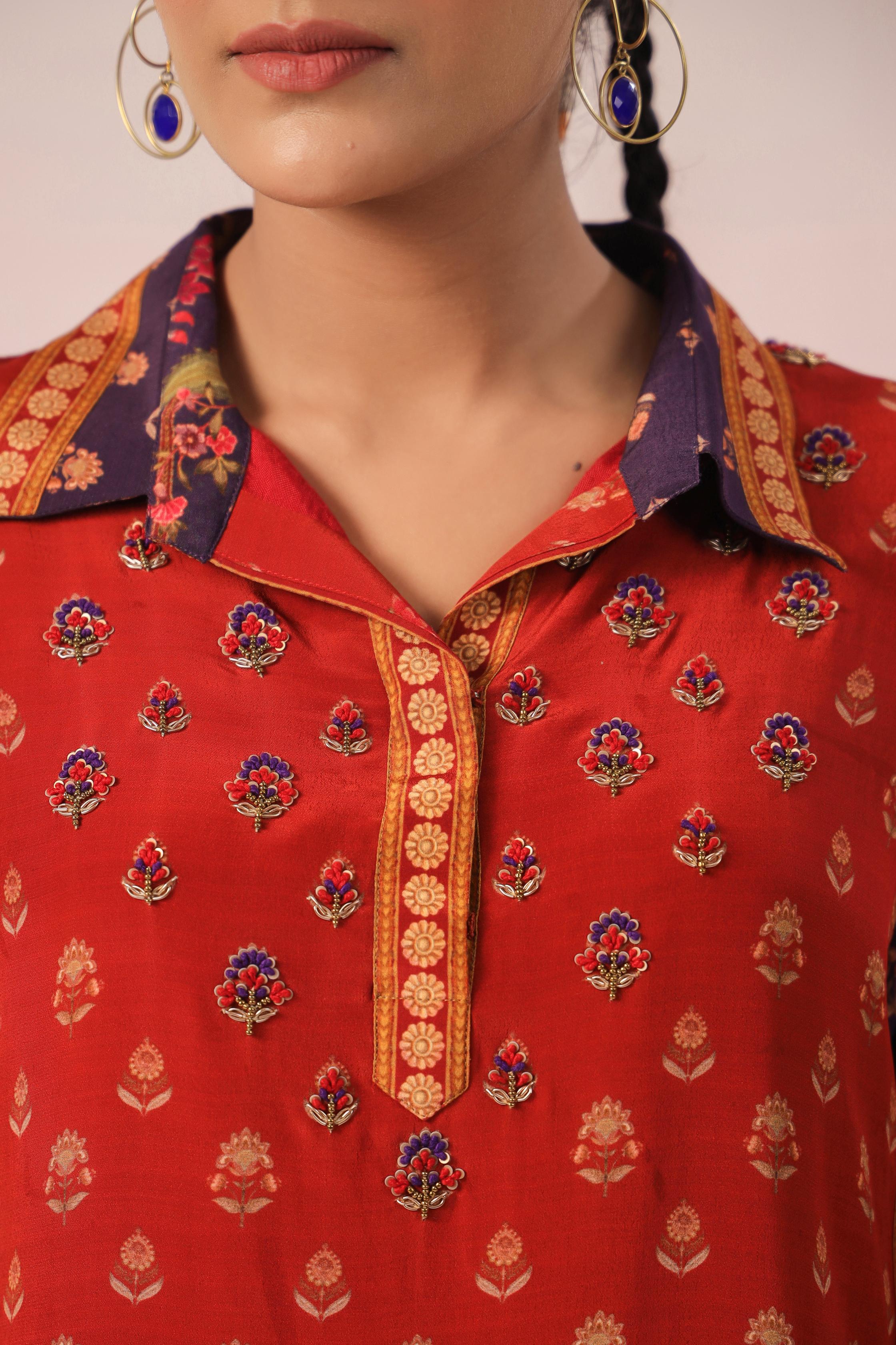 Red Traditional Printed Crepe Silk Short Kurti & Pant Set