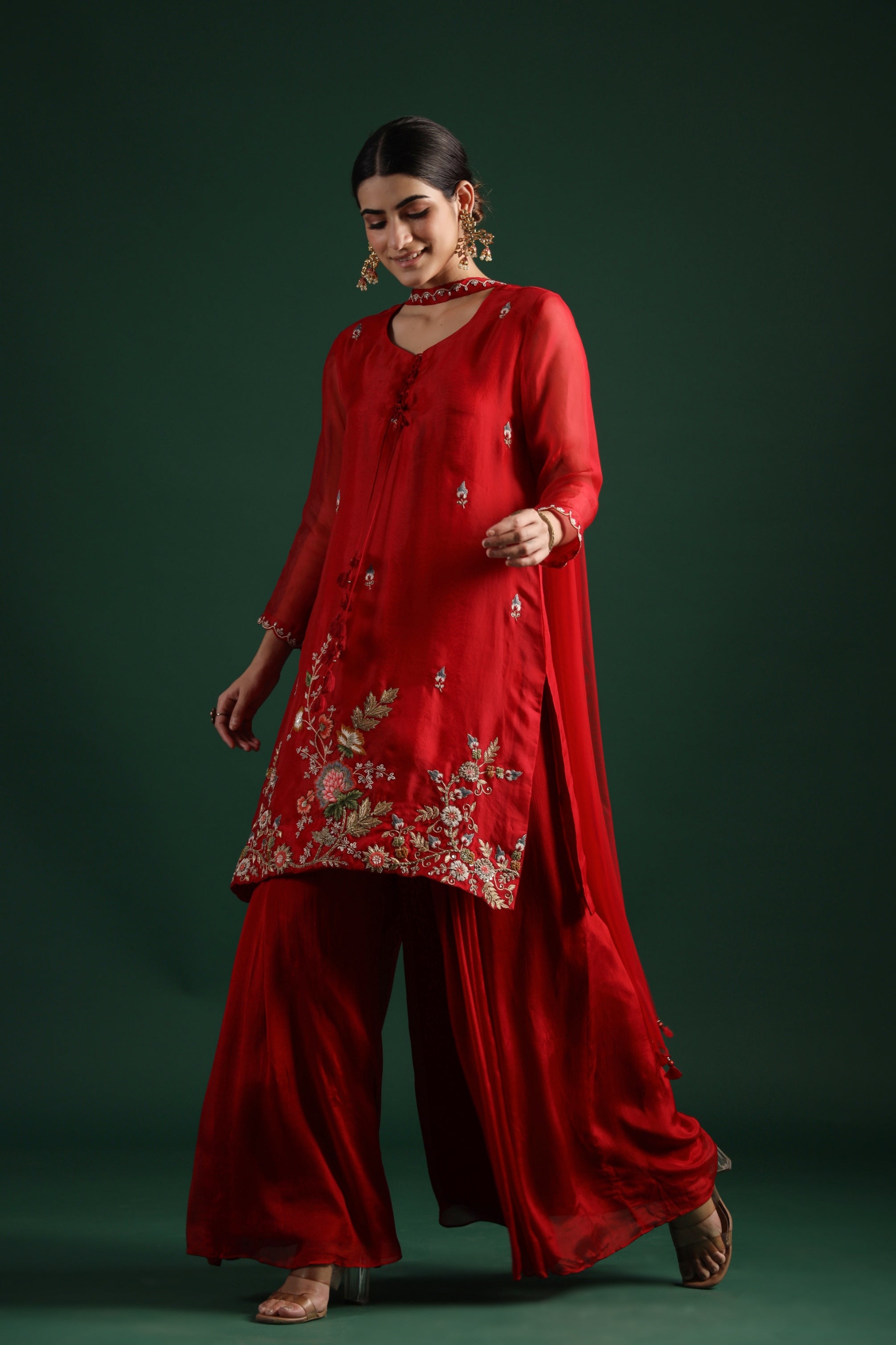 Deep Red Embellished Premium Silk Sharara Set