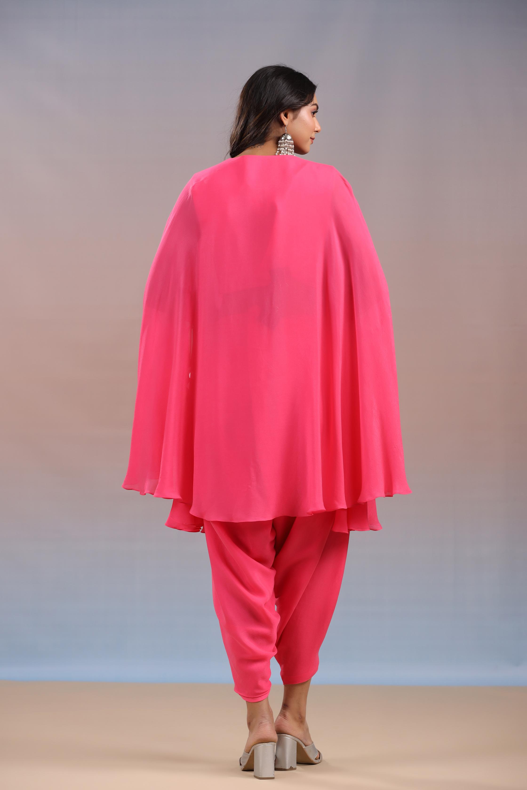 Brink Pink Embellished Vama Georgette Silk Tunic & Dhoti Pants Set