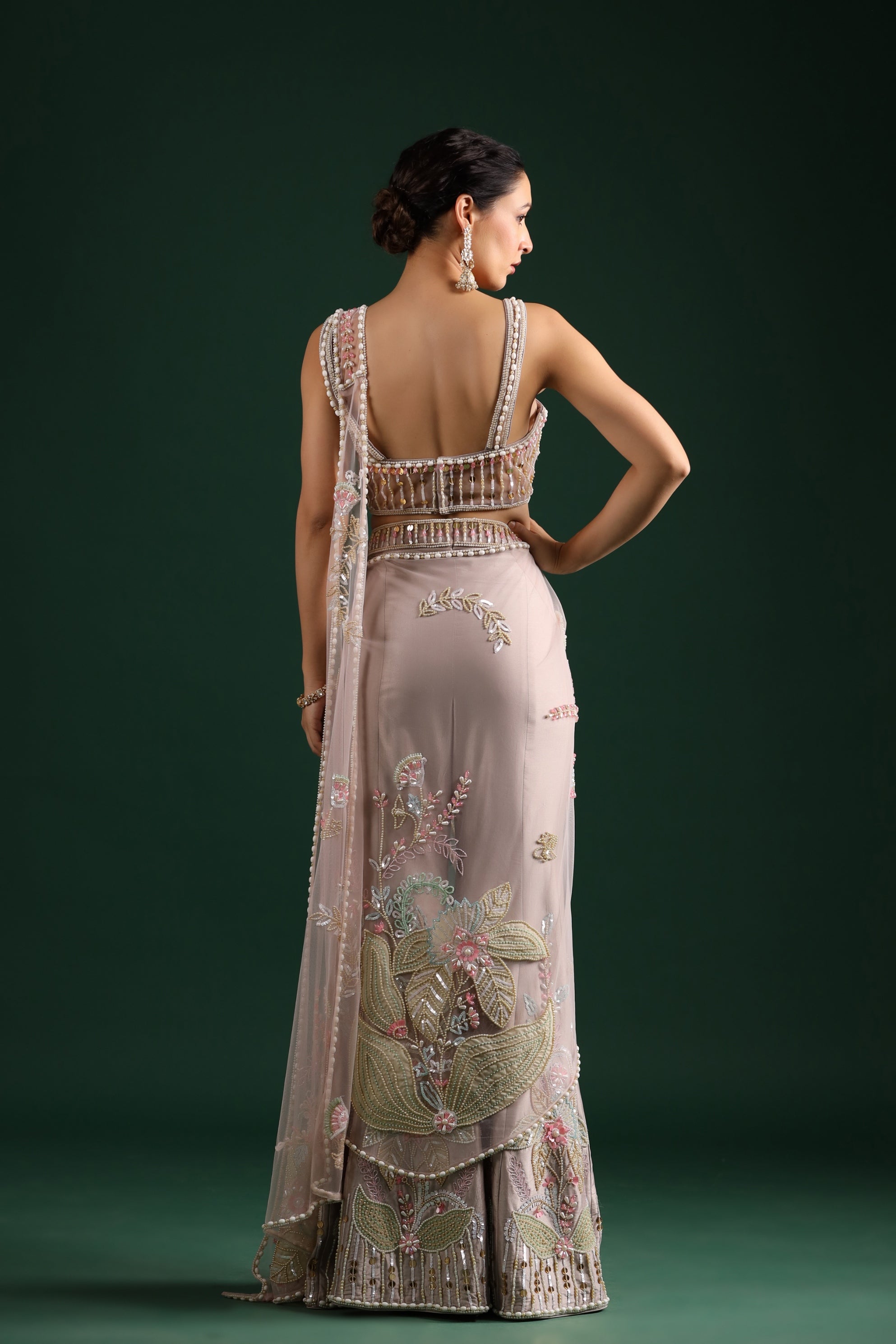 Pale Pink Heavy Embroidered Palazzo Drape Saree