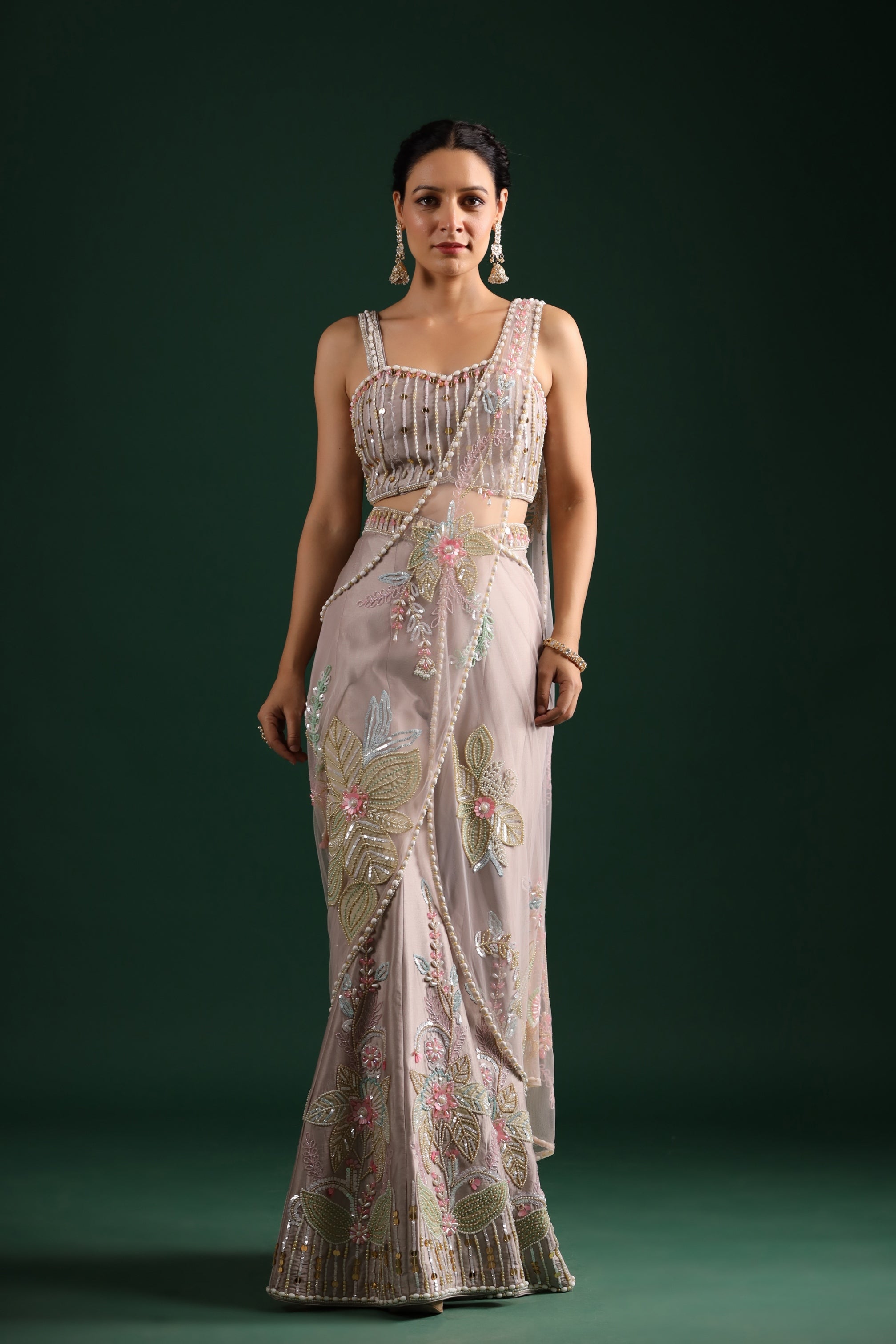 Pale Pink Heavy Embroidered Palazzo Drape Saree