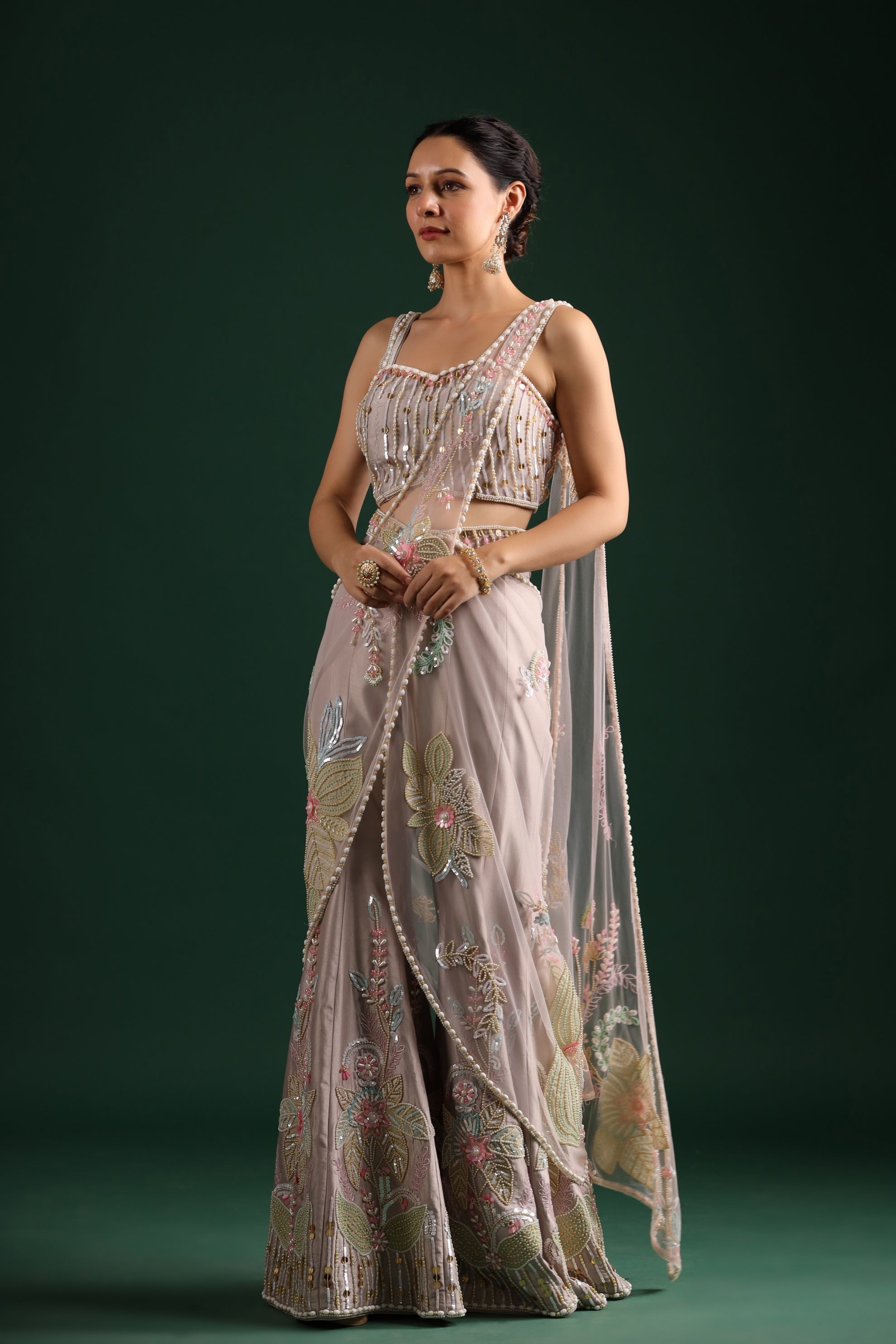 Pale Pink Heavy Embroidered Palazzo Drape Saree