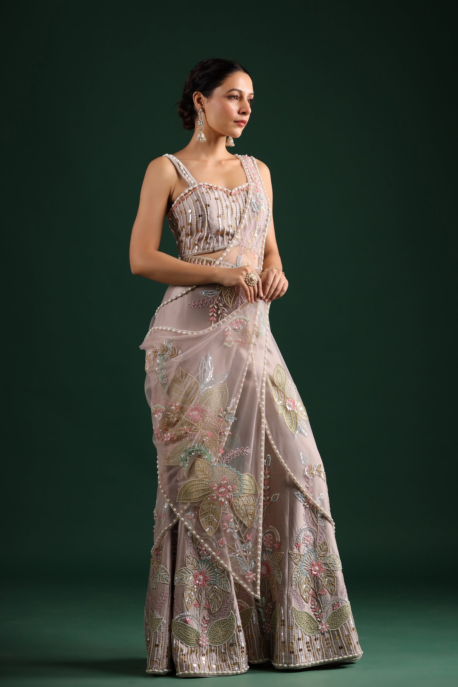Pale Pink Heavy Embroidered Palazzo Drape Saree