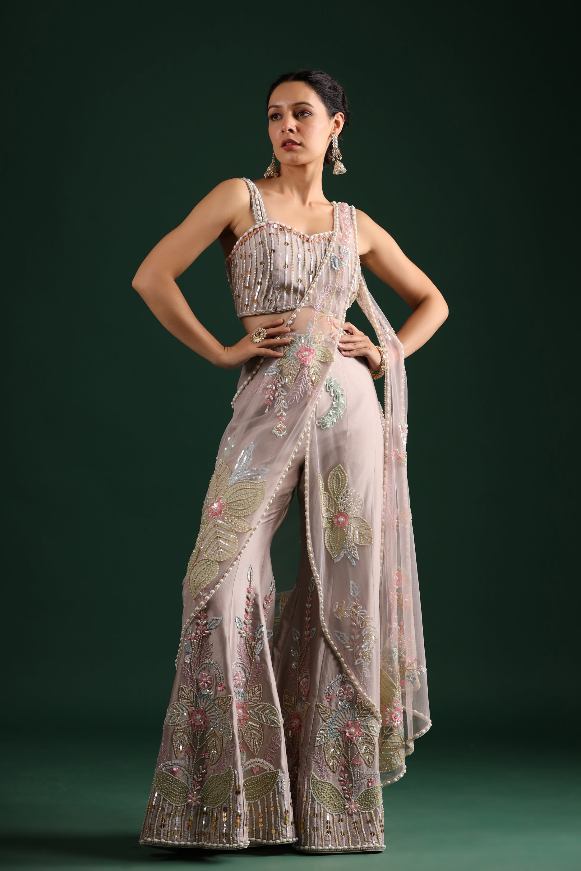 Pale Pink Heavy Embroidered Palazzo Drape Saree