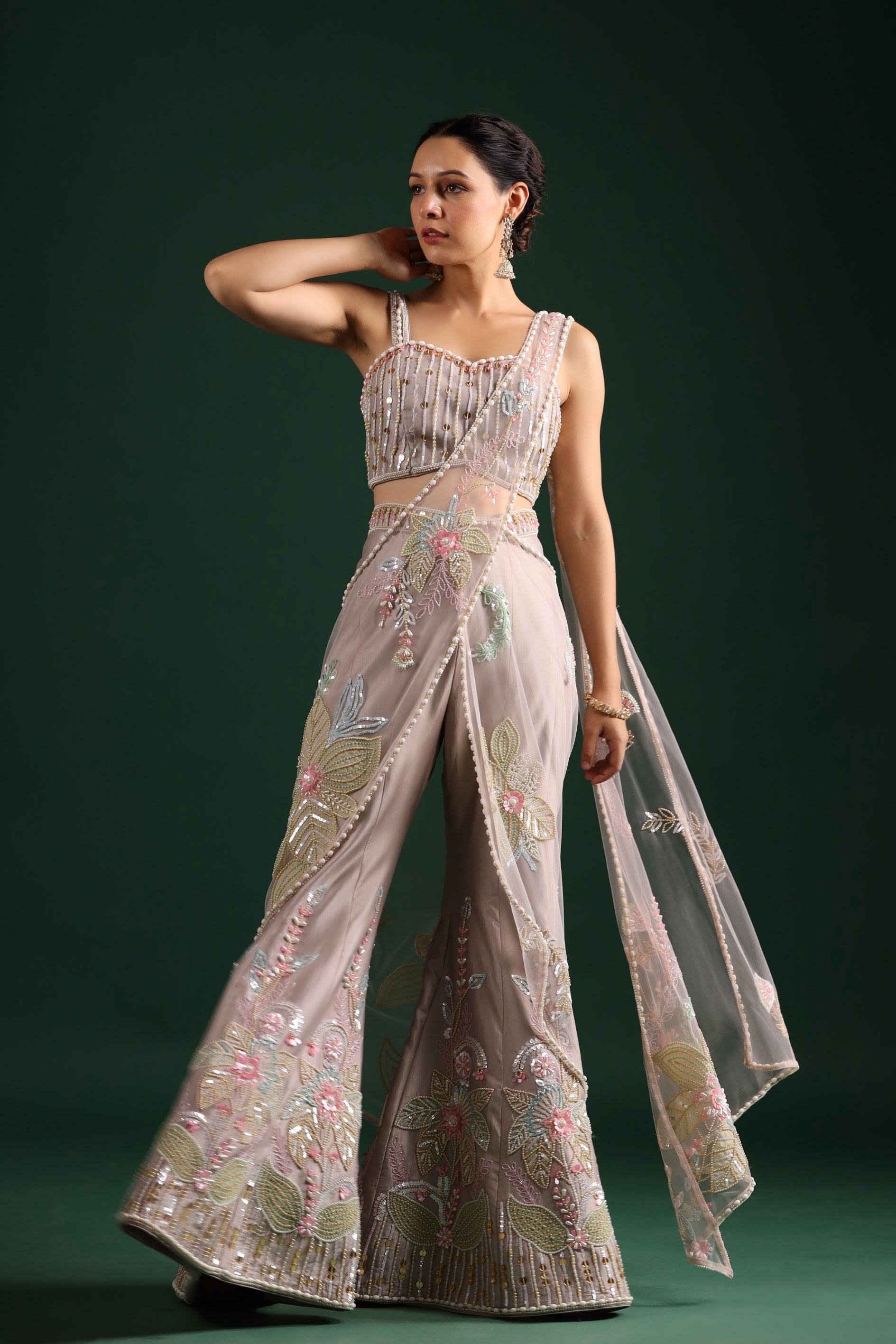 Pale Pink Heavy Embroidered Palazzo Drape Saree