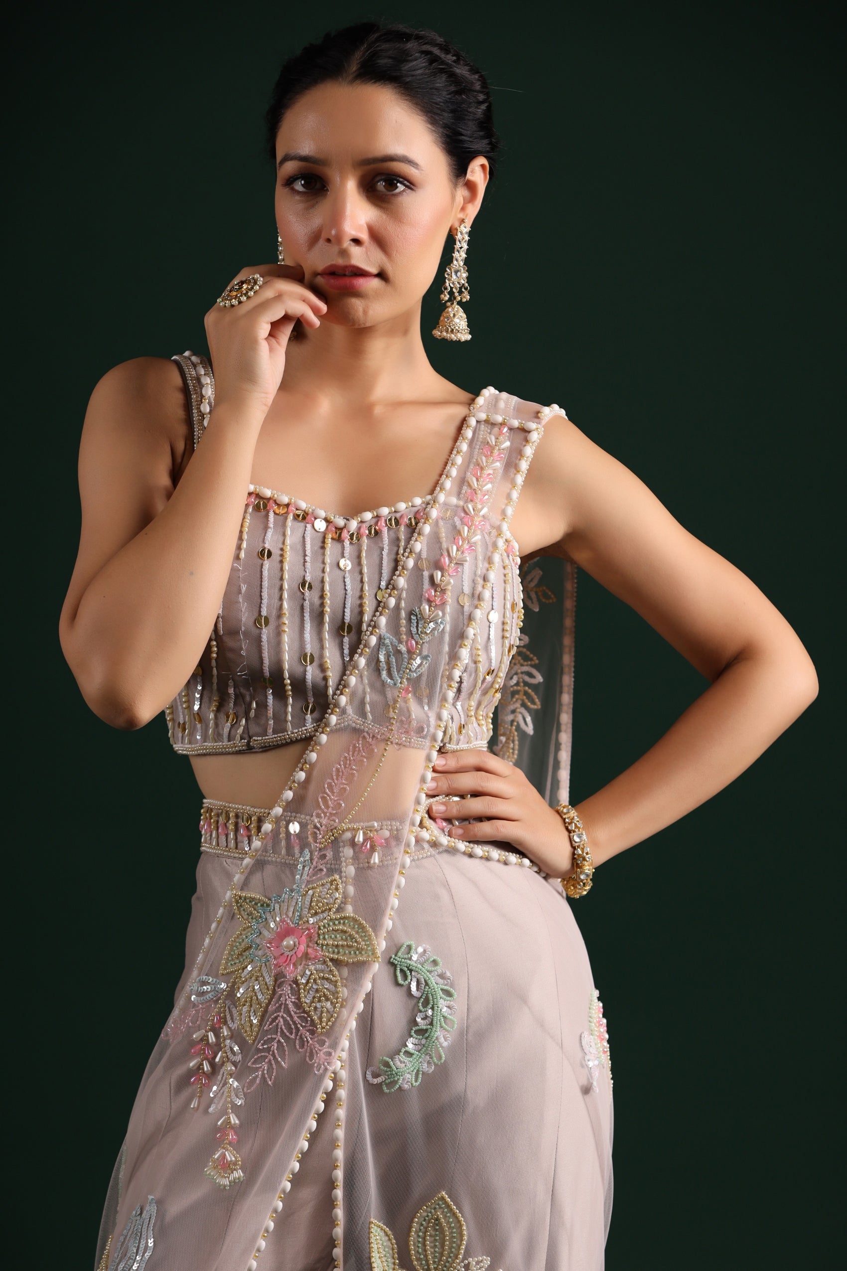 Pale Pink Heavy Embroidered Palazzo Drape Saree