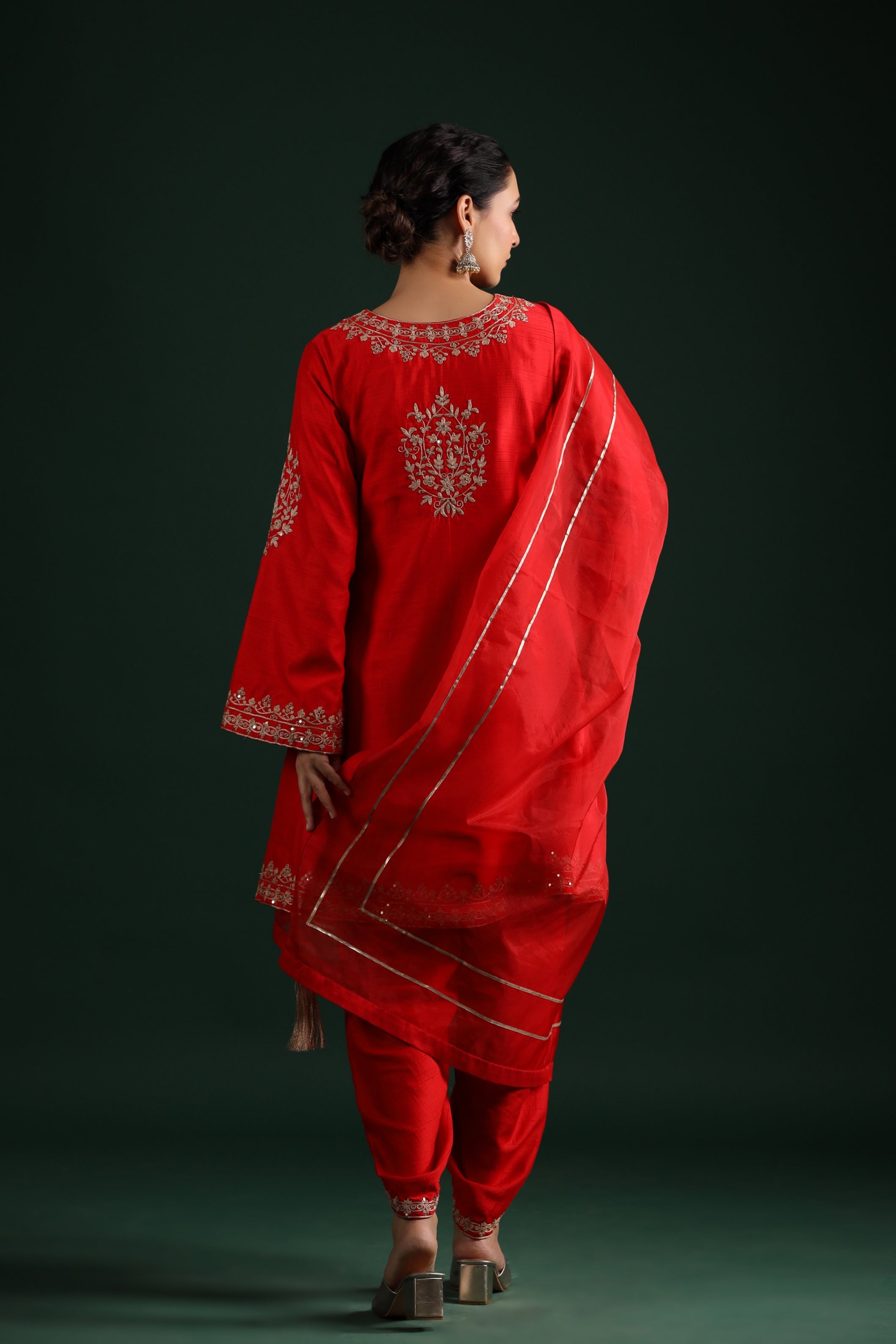 Bright Red Embellished Raw Silk Dhoti Pants Set