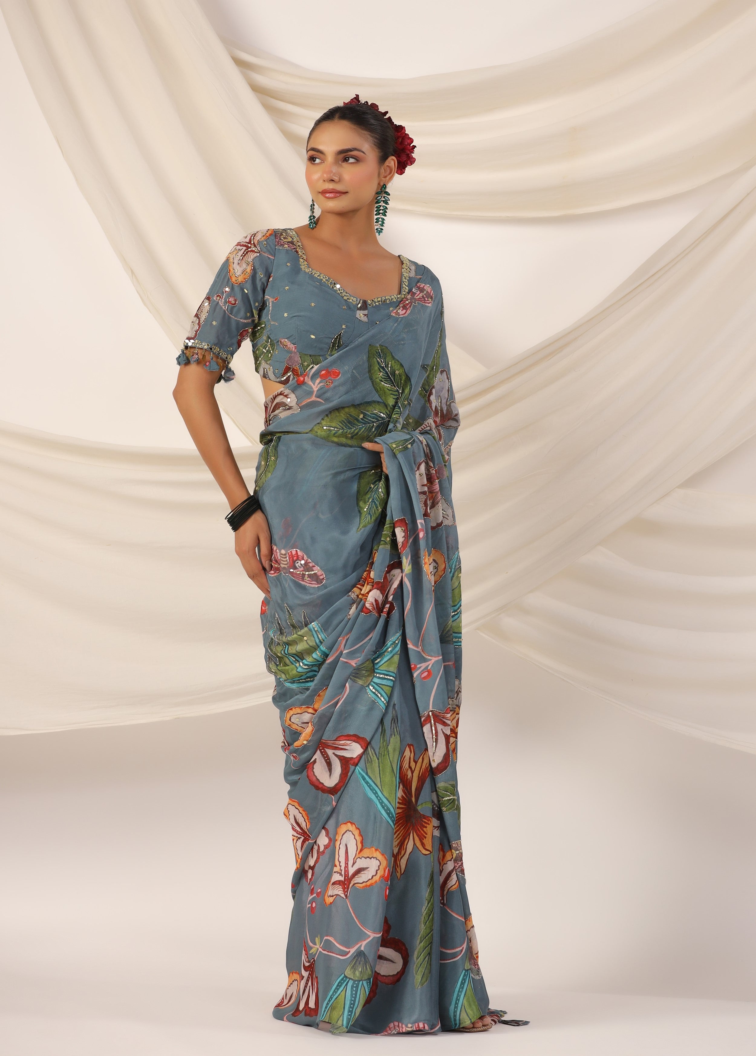 Slate Blue Embellished Chinon Silk Saree