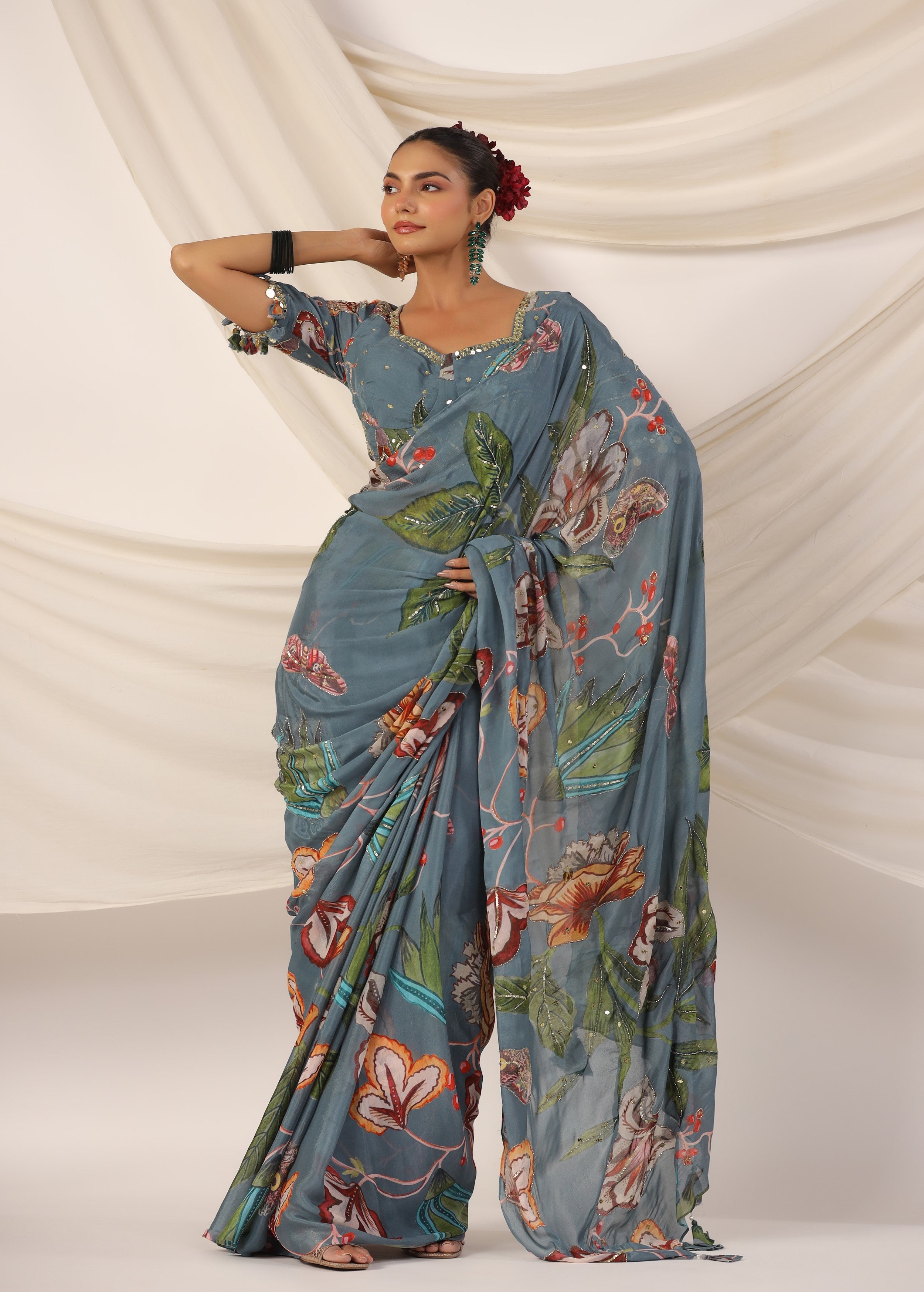 Slate Blue Embellished Chinon Silk Saree
