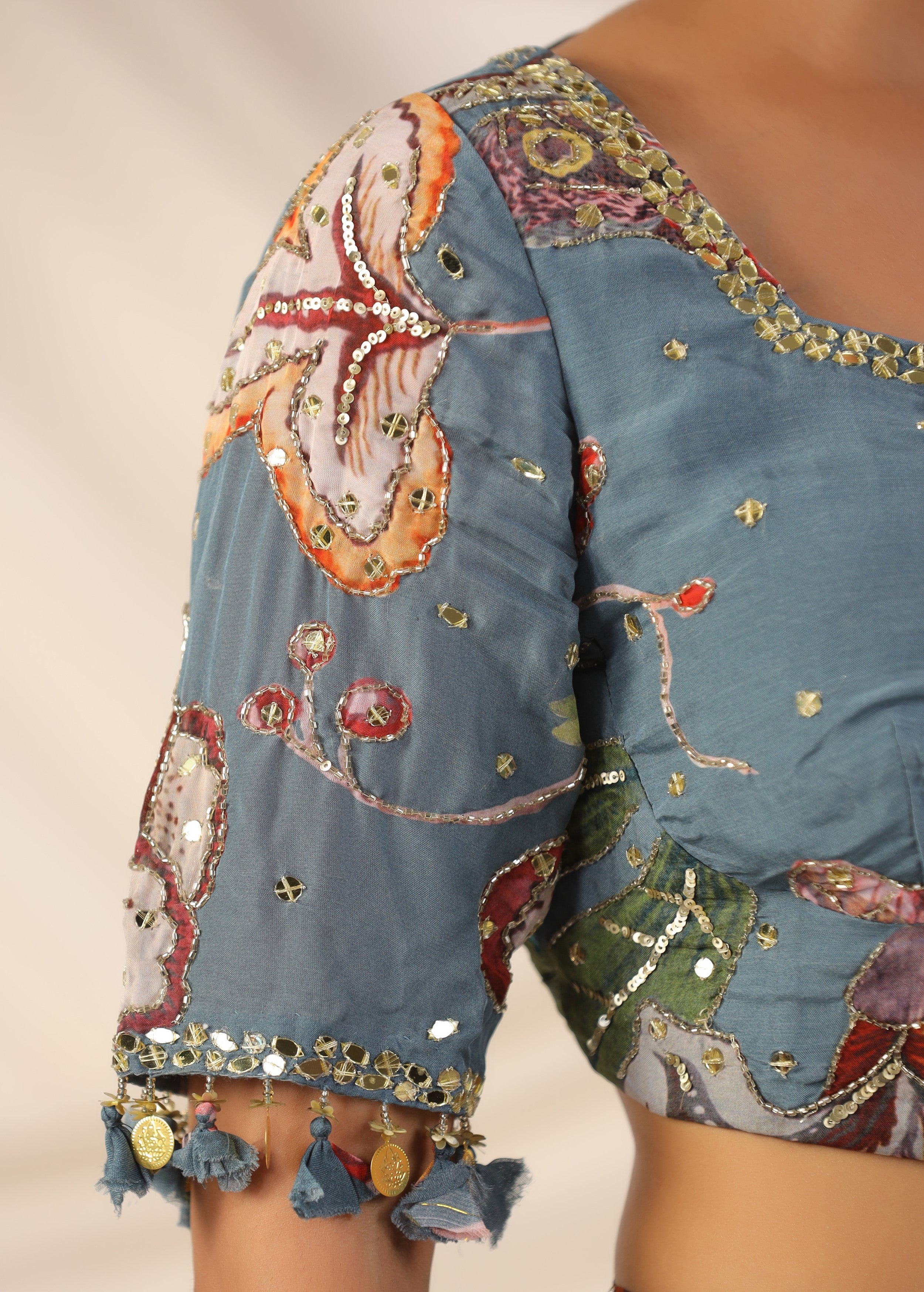 Slate Blue Embellished Chinon Silk Saree