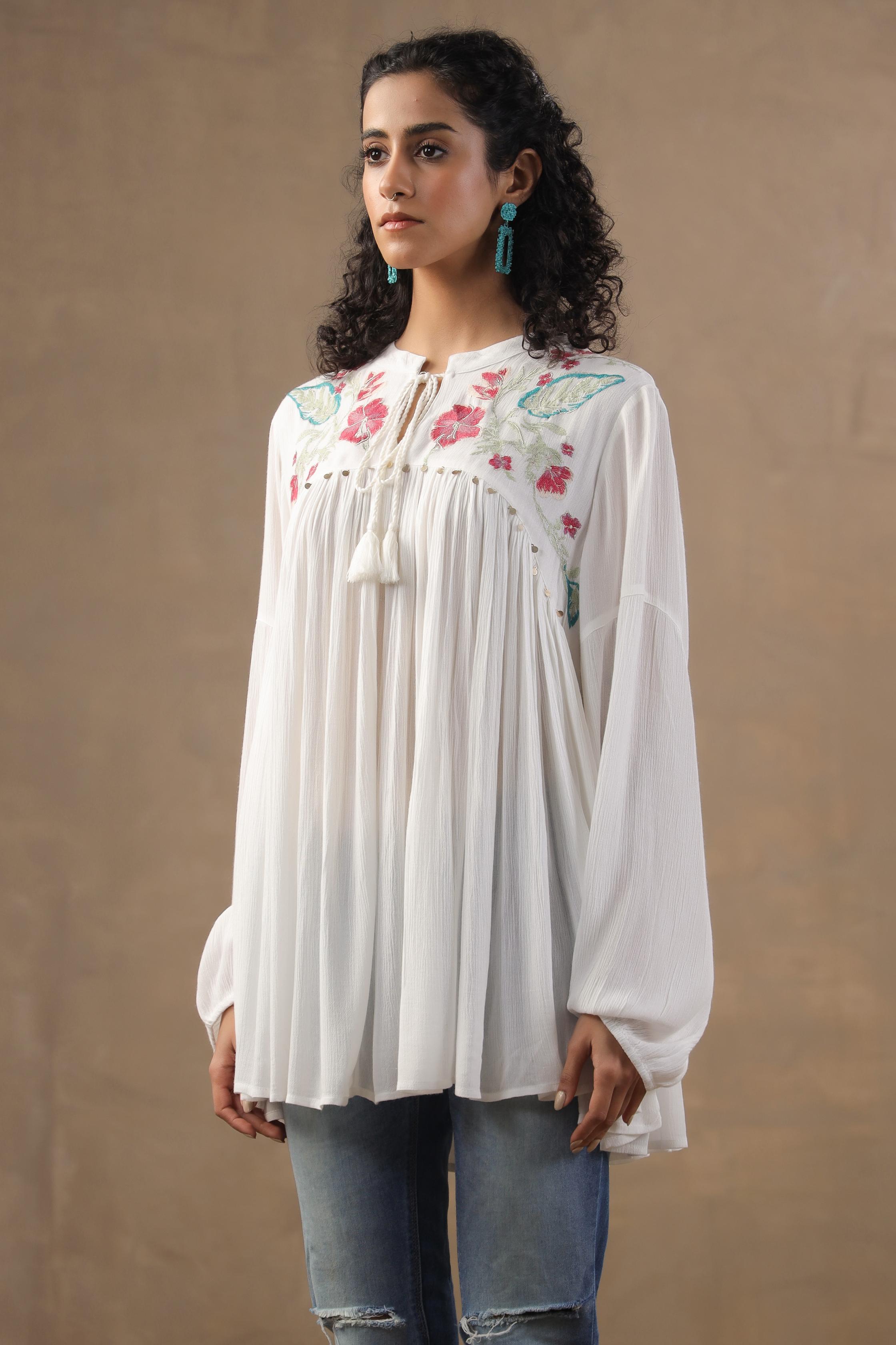 White Floral Embroidered Italian Linen Tunic