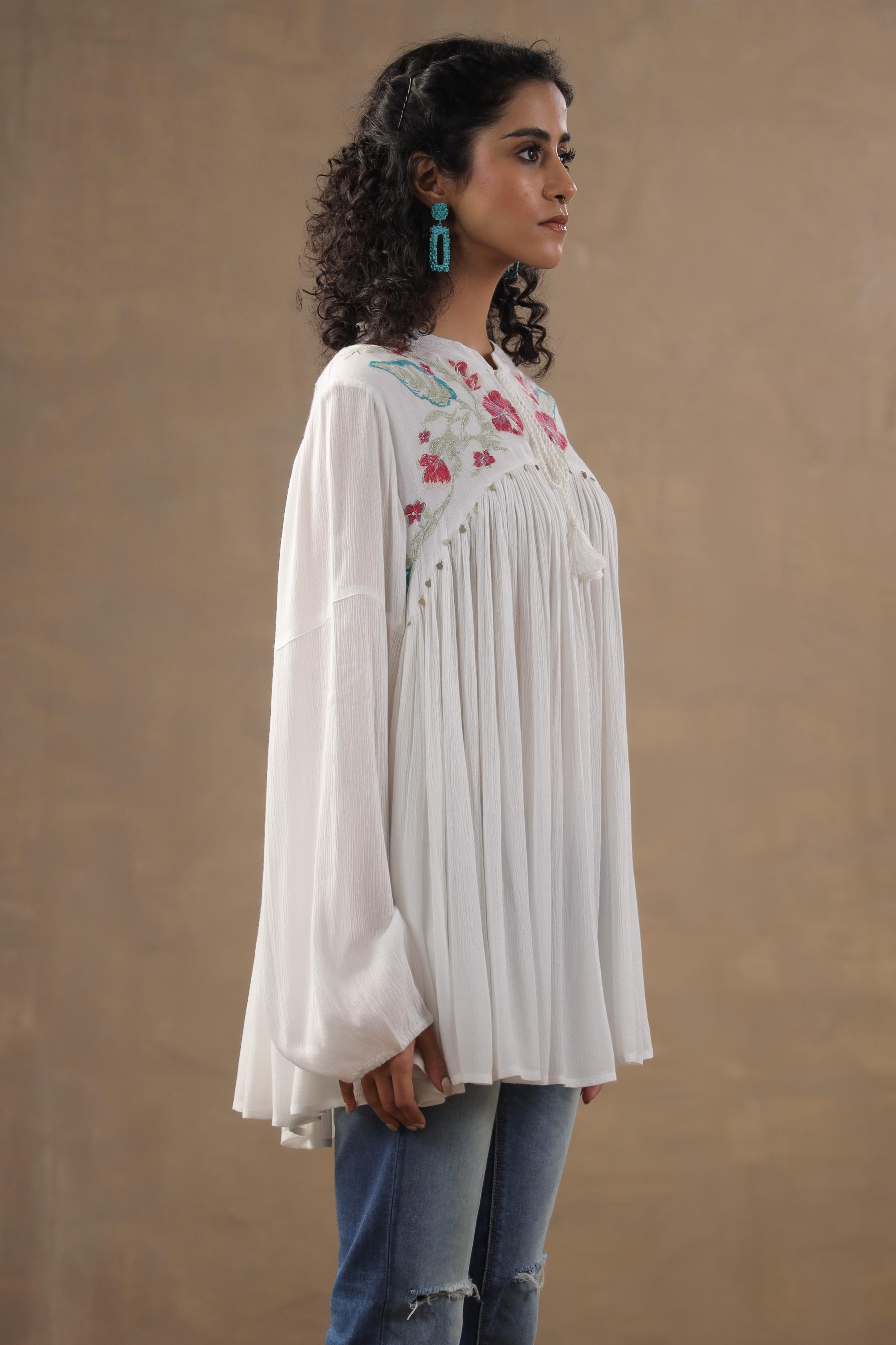 White Floral Embroidered Italian Linen Tunic