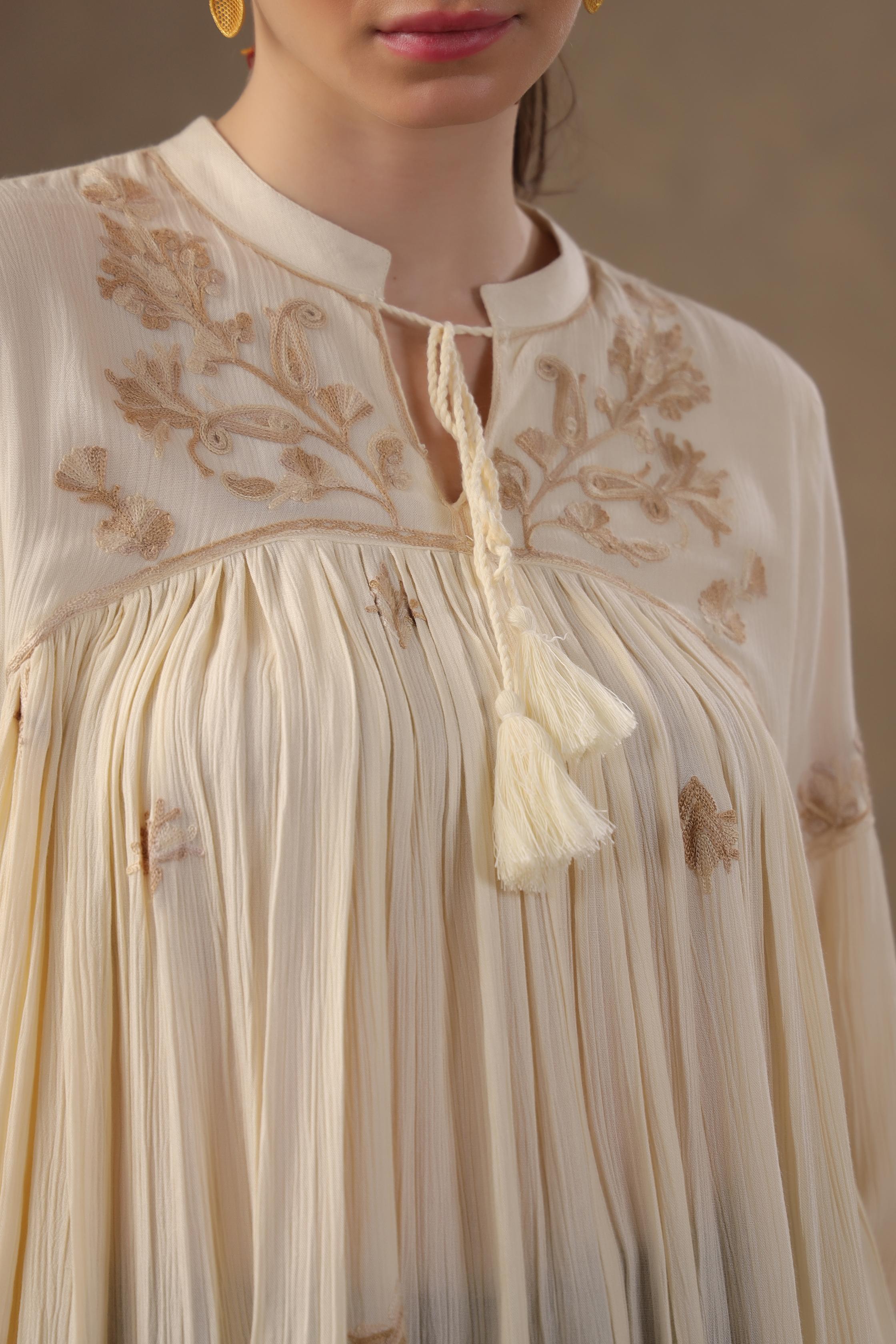 Bright Cream Floral Embroidered Italian Linen Tunic