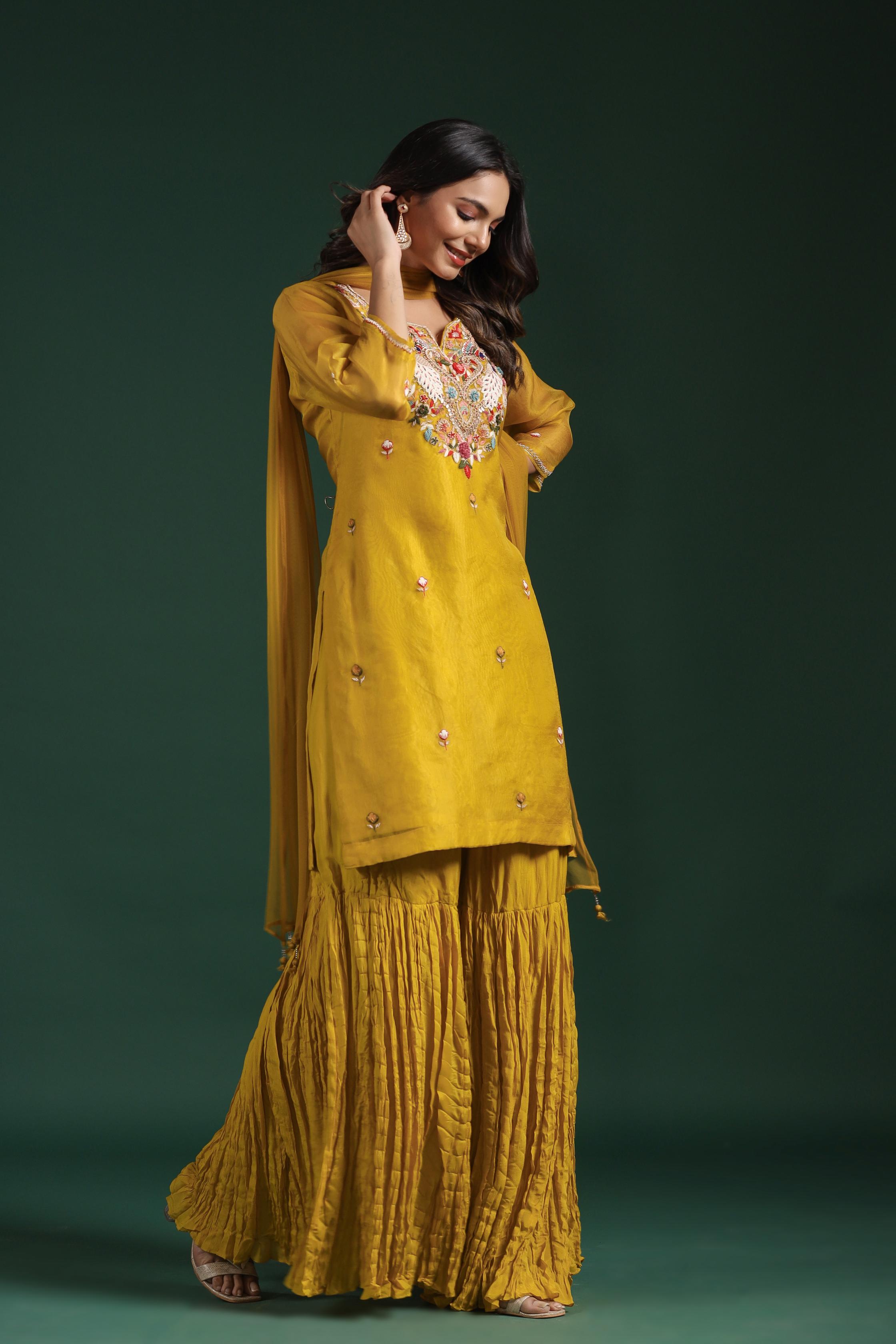 Classic Yellow Embellished Premium Organza Silk Sharara Set