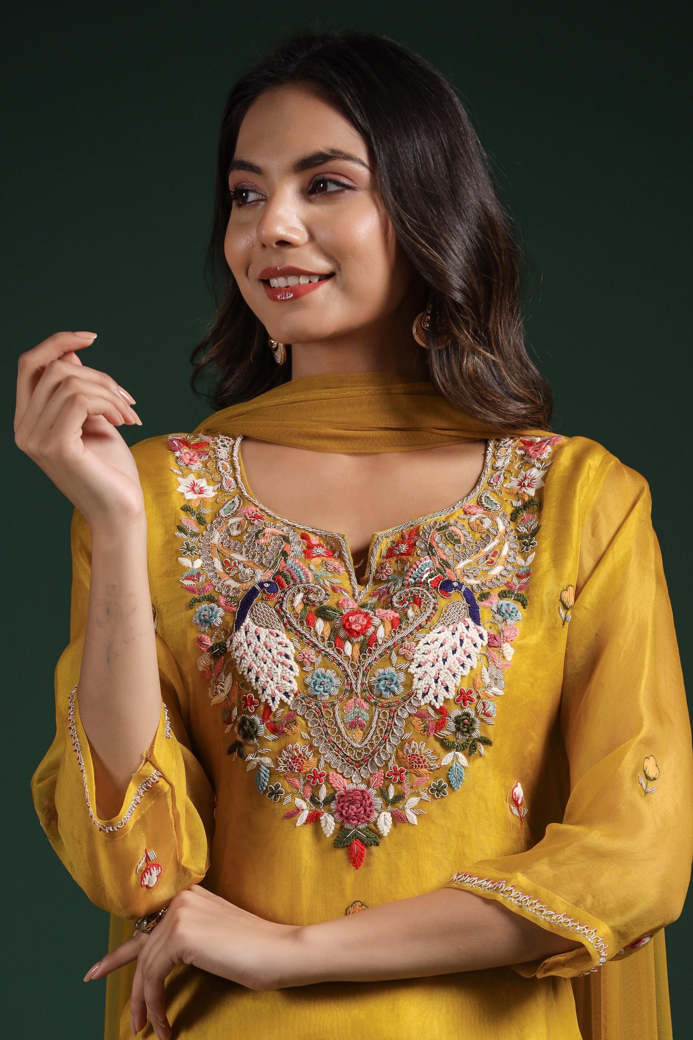 Classic Yellow Embellished Premium Organza Silk Sharara Set