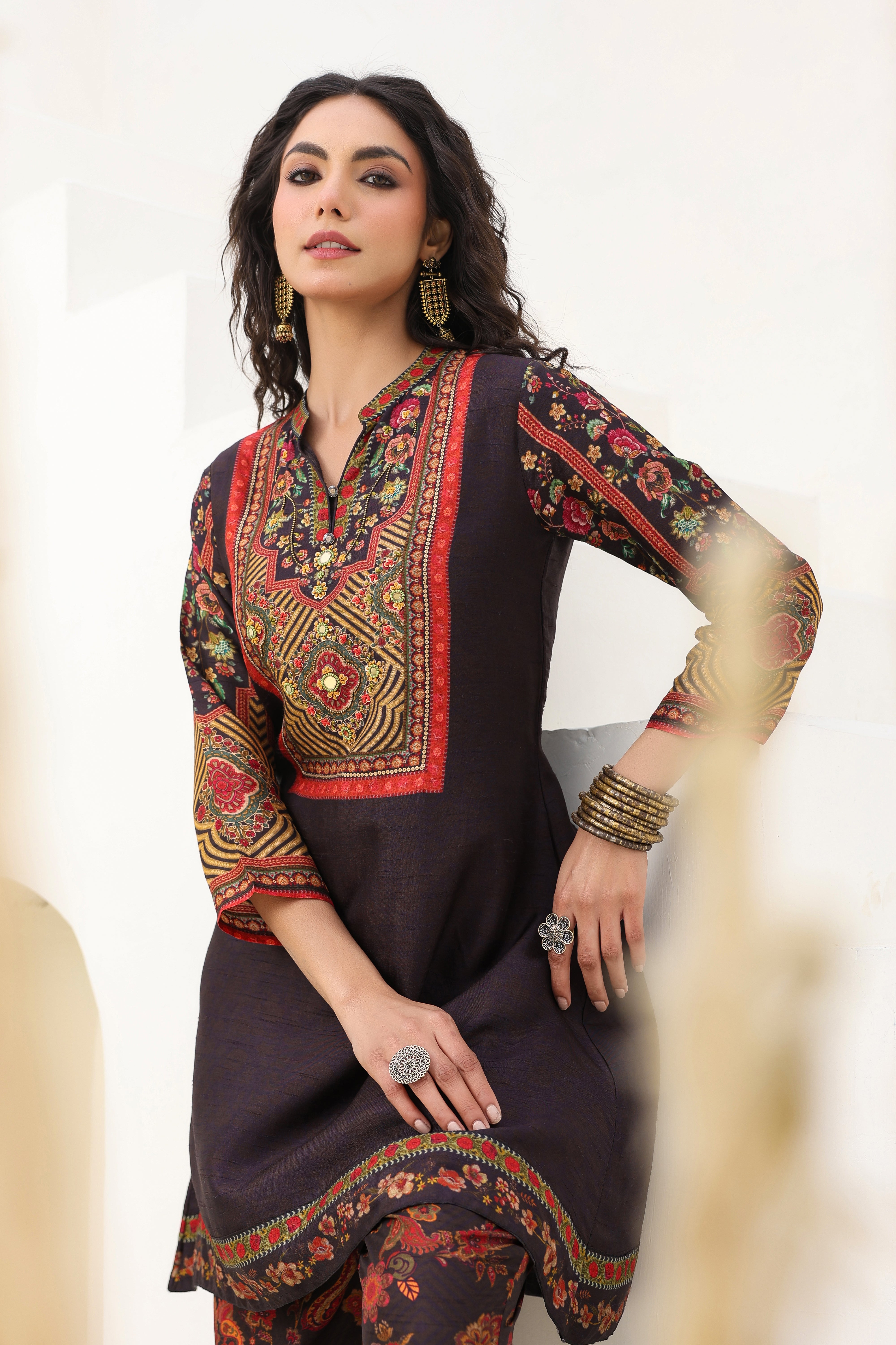 Royal Black Traditional Printed Dola Silk Kurta Pants Set