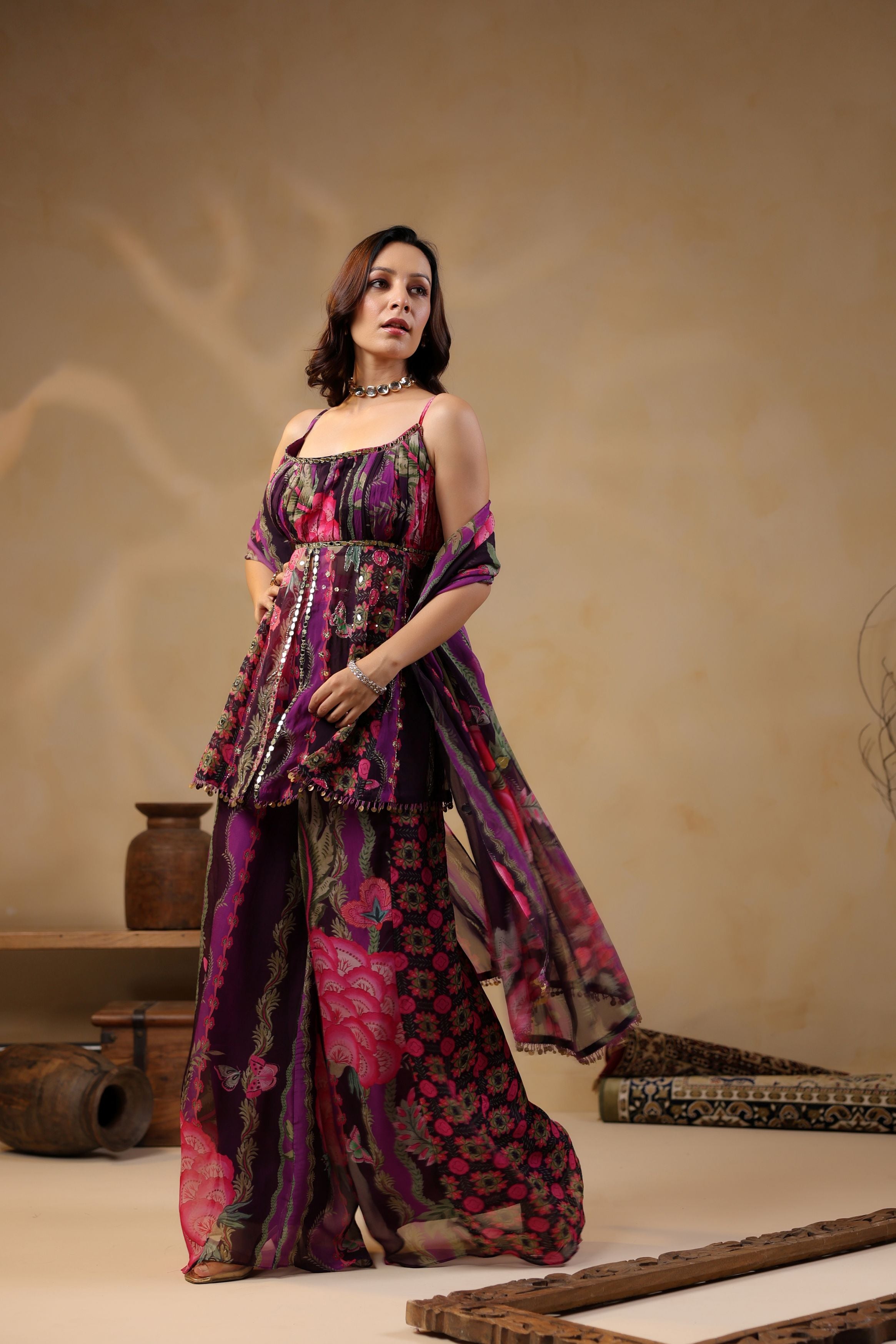 Grape Purple Printed Georgette Silk Peplum Sharara Set