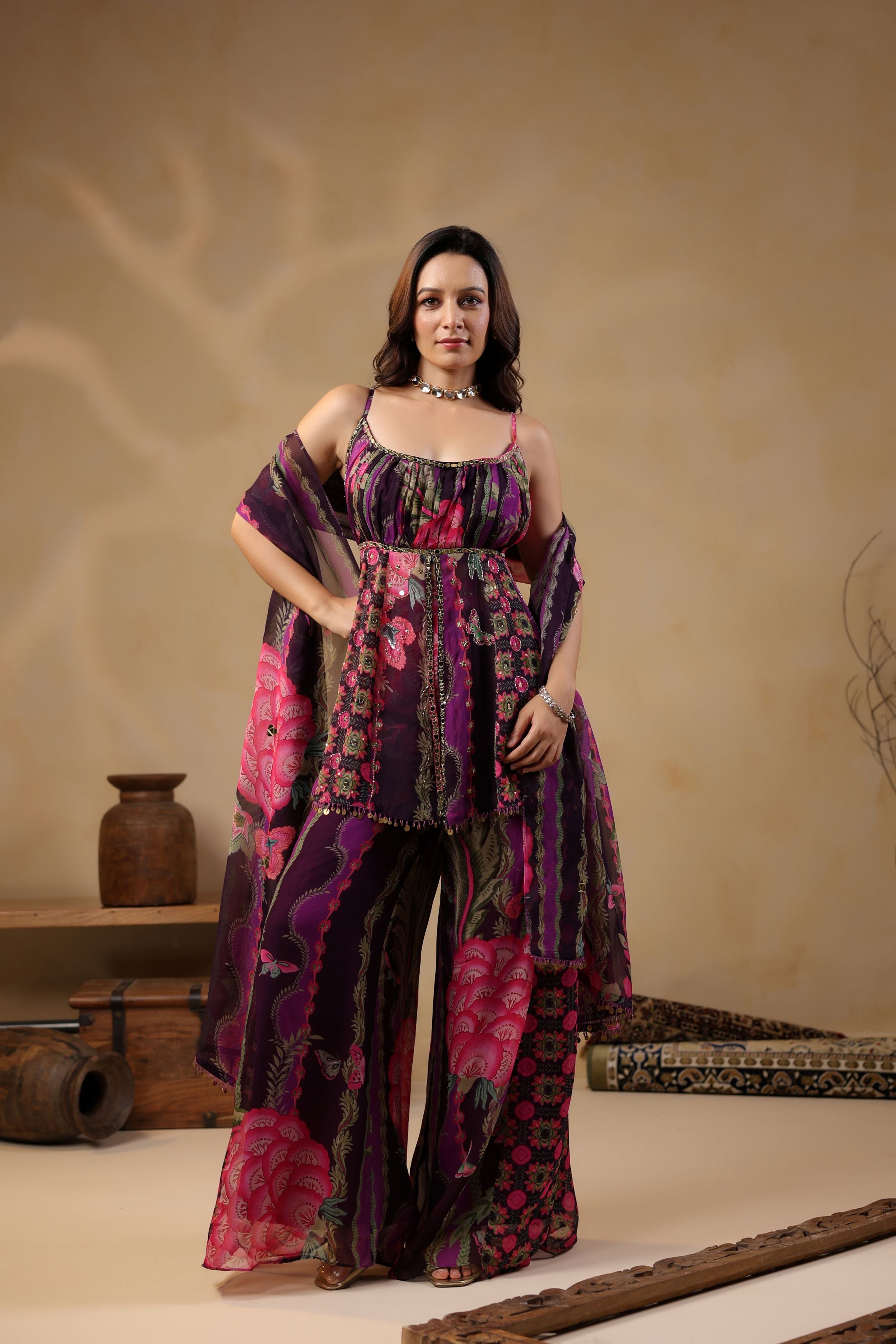 Grape Purple Printed Georgette Silk Peplum Sharara Set