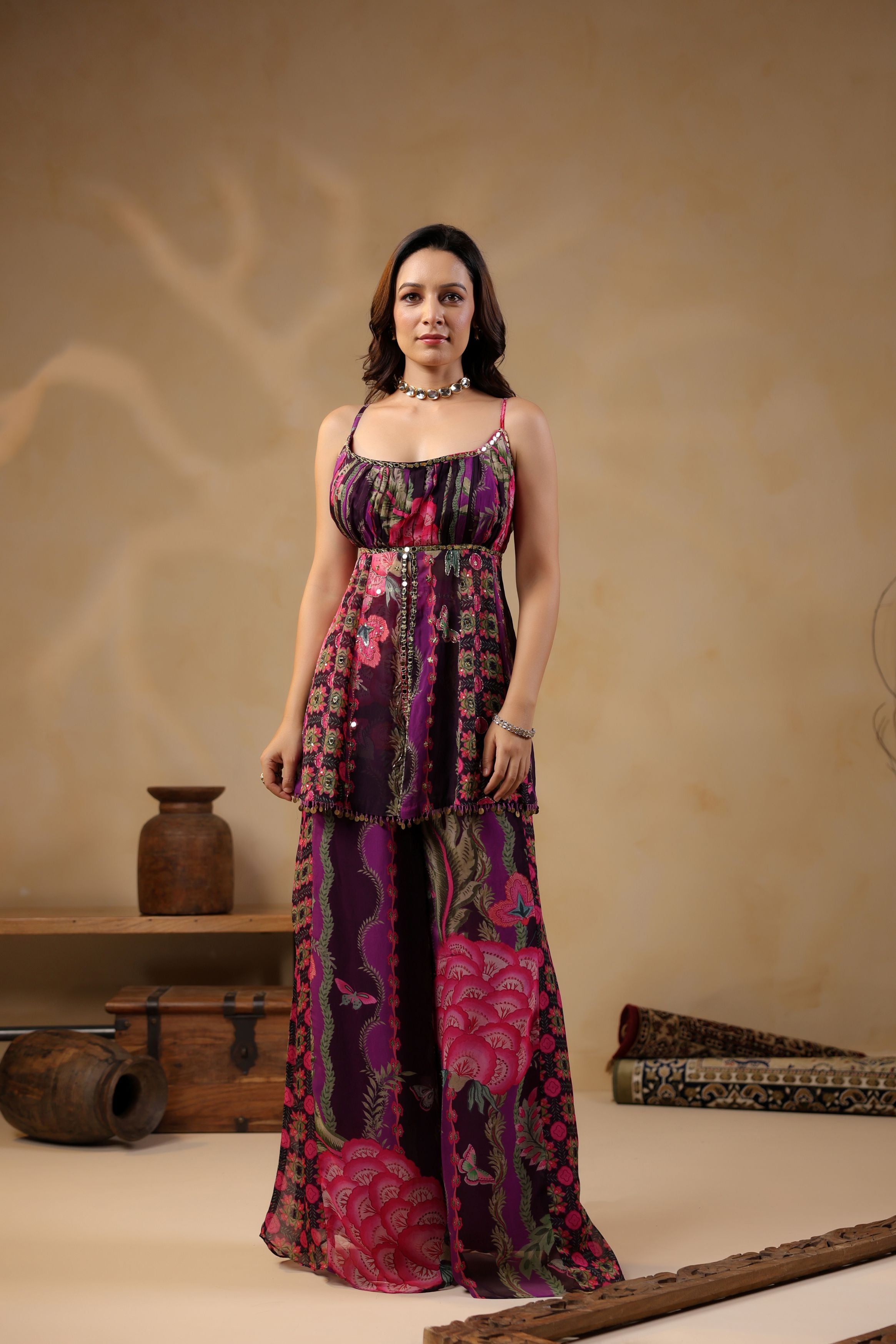 Grape Purple Printed Georgette Silk Peplum Sharara Set