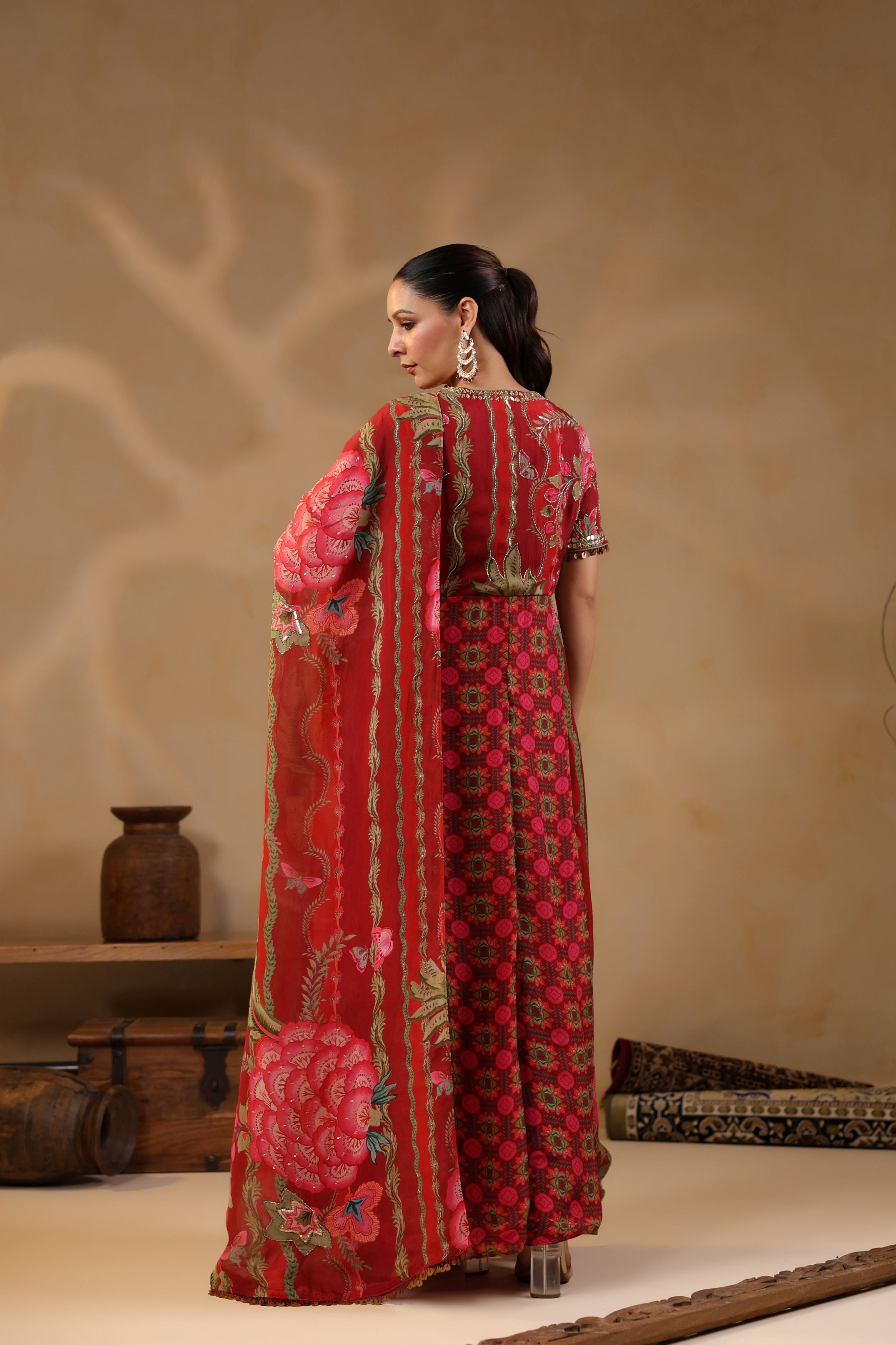 Rose Red Printed Georgette Silk Tunic With Pants