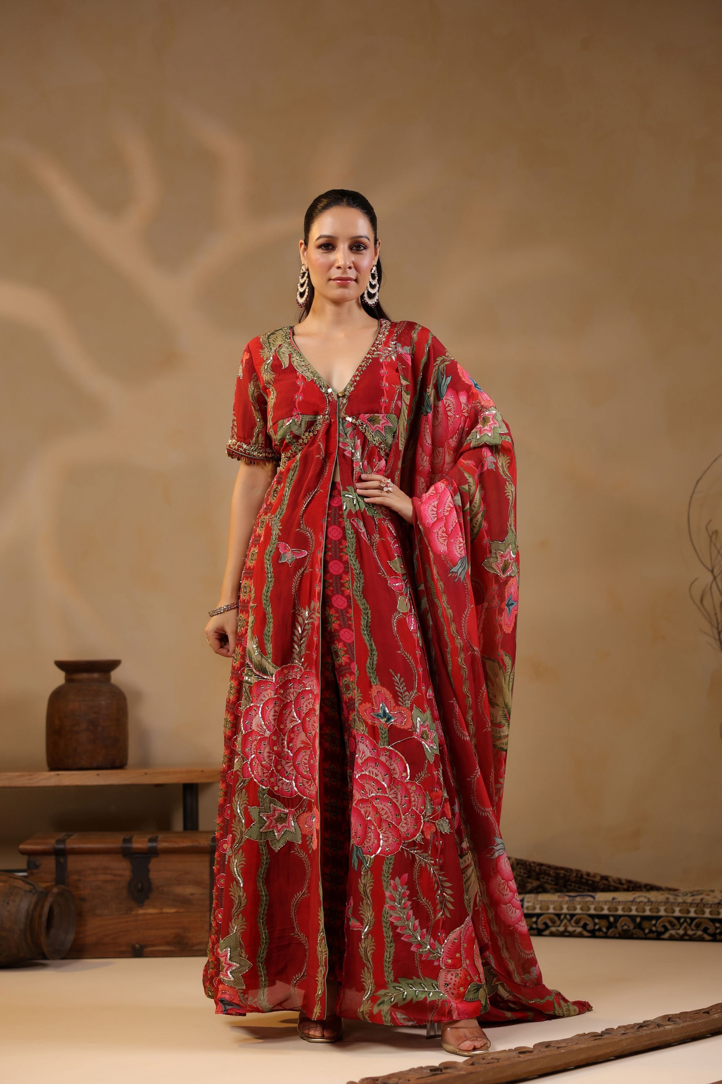Rose Red Printed Georgette Silk Tunic With Pants