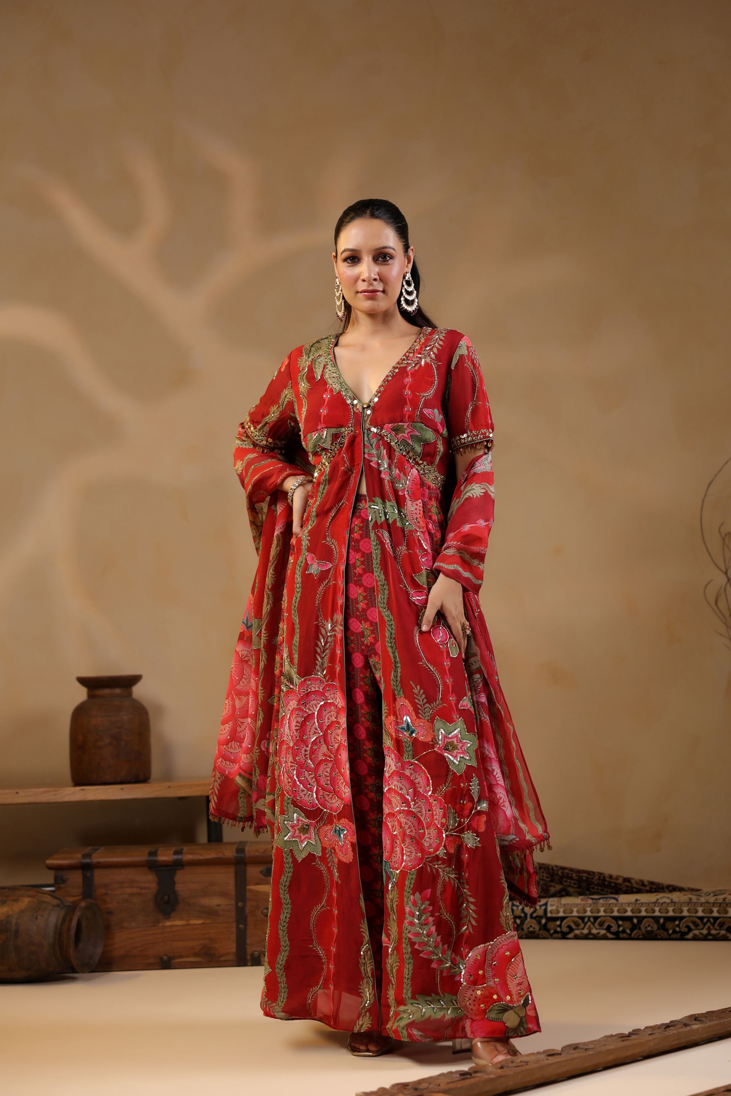 Rose Red Printed Georgette Silk Tunic With Pants