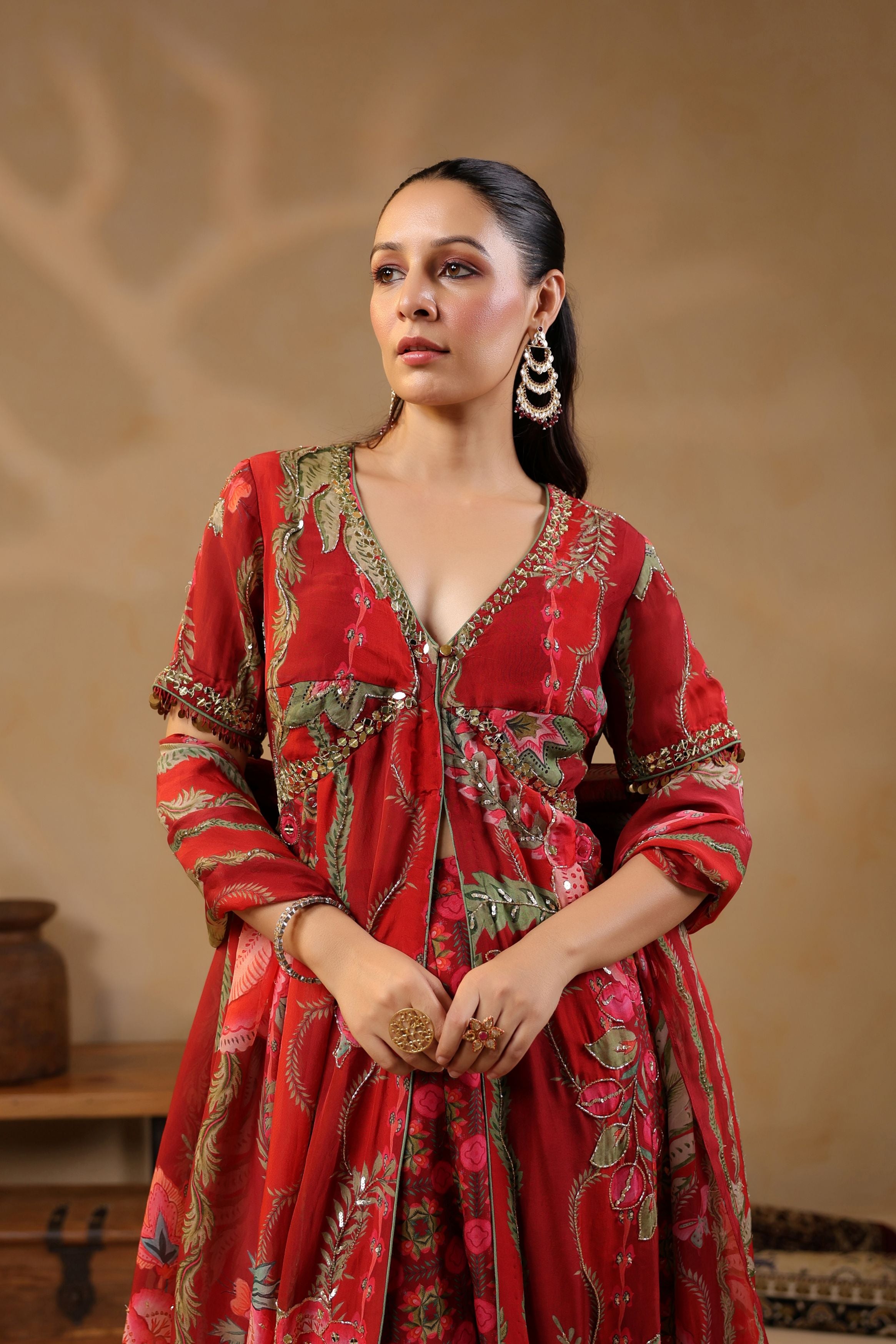 Rose Red Printed Georgette Silk Tunic With Pants