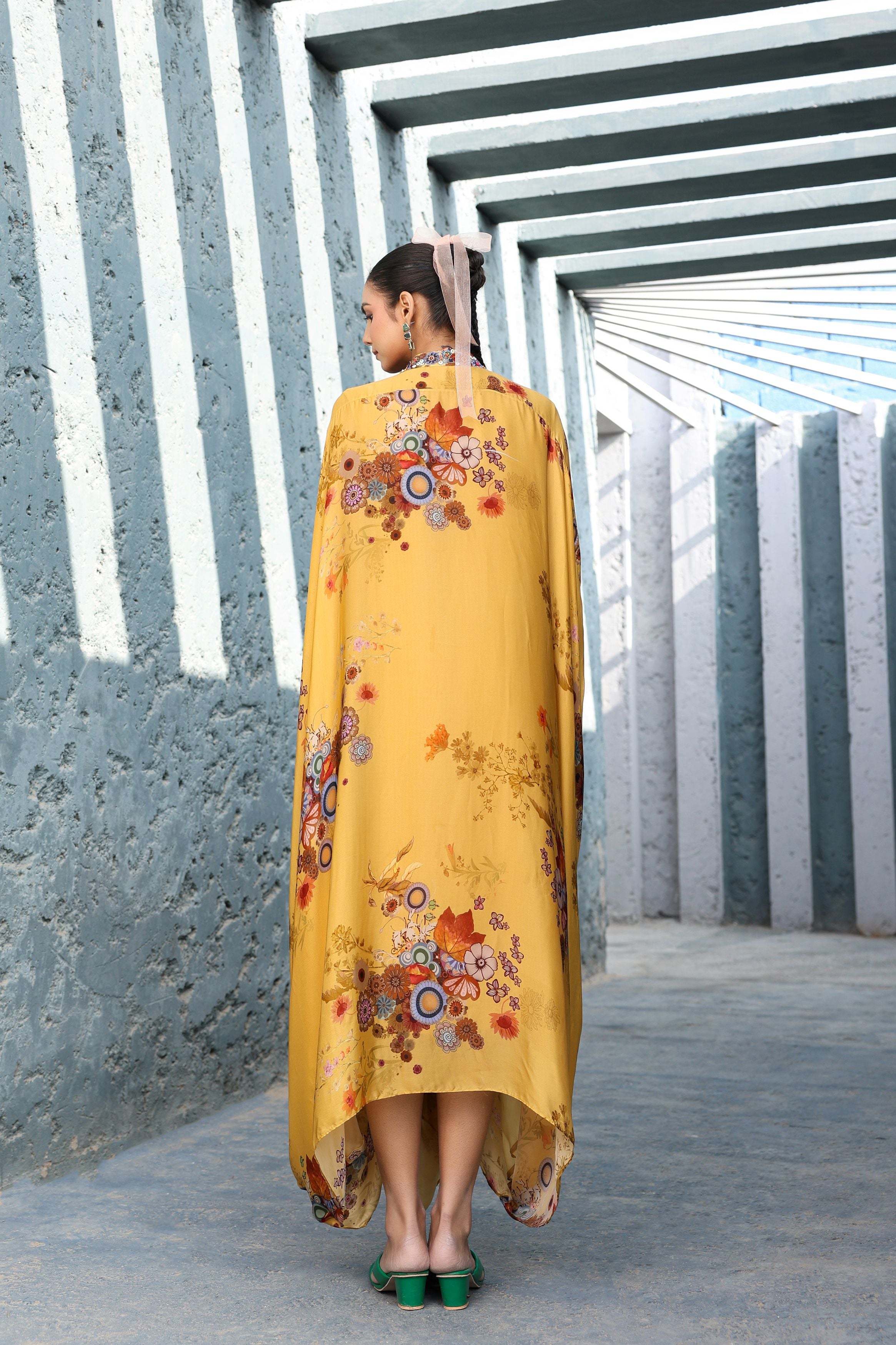Bright Yellow Floral Printed Satin Silk Kaftan Gown