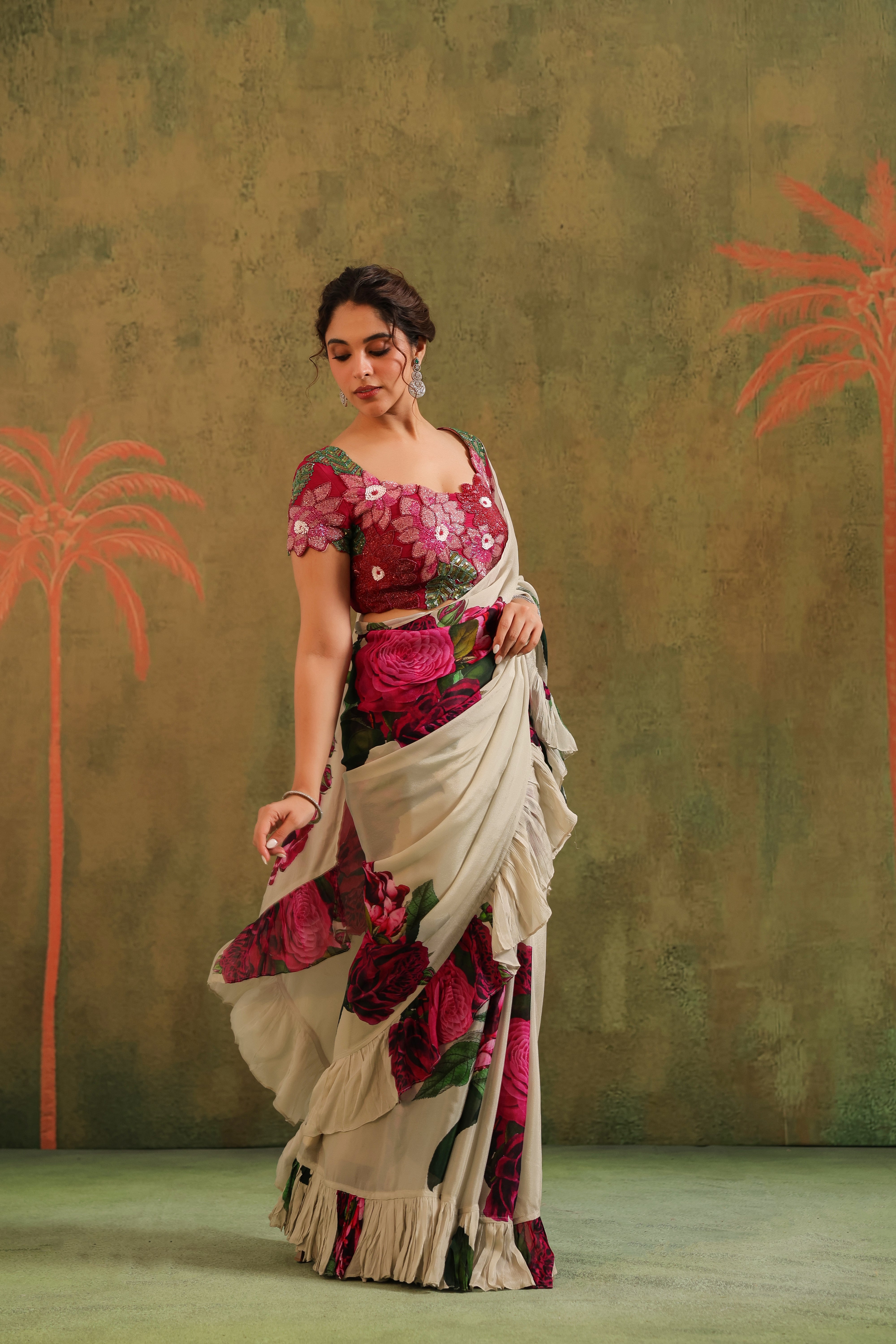 Beige Floral Printed Chinon Silk Saree