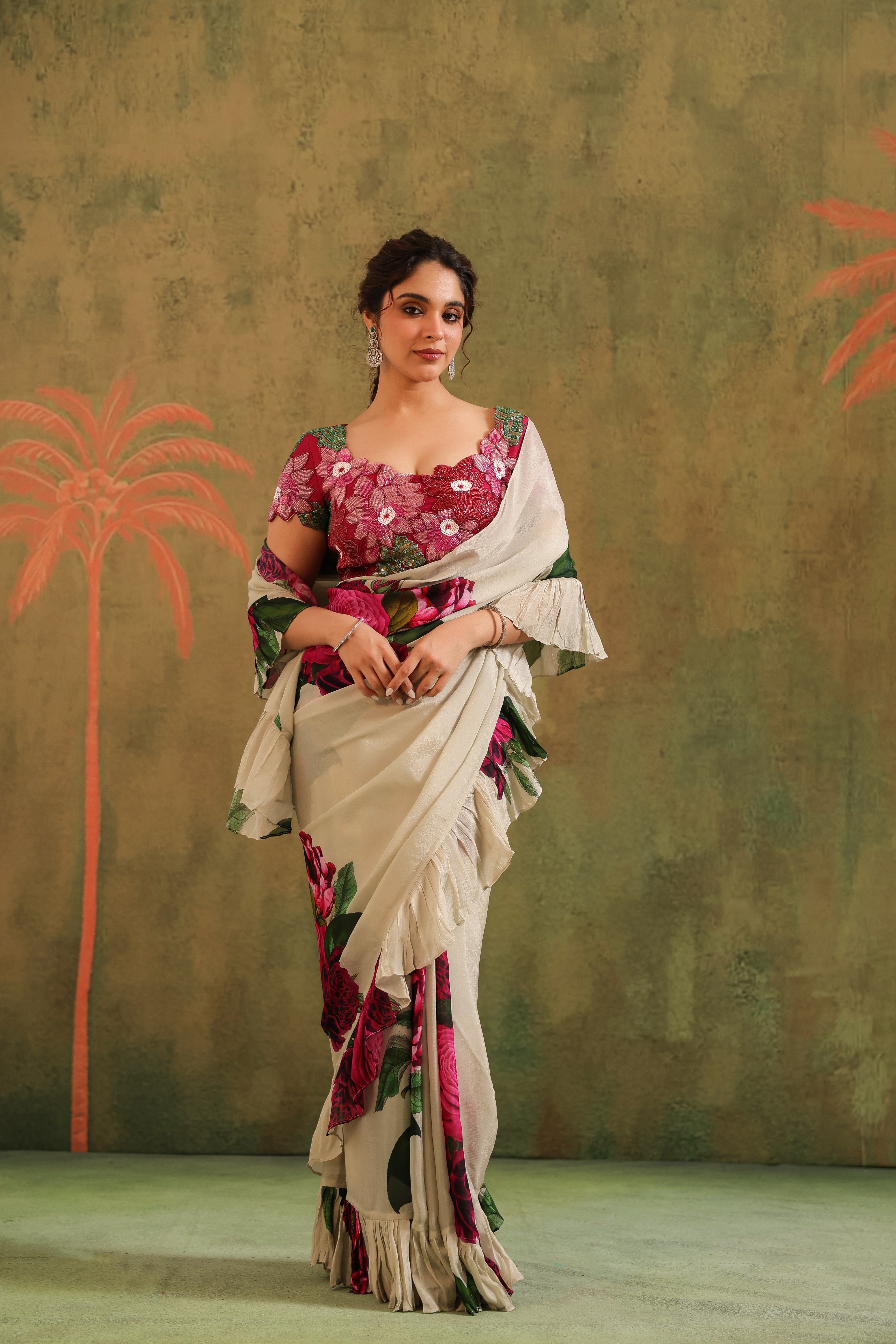 Beige Floral Printed Chinon Silk Saree