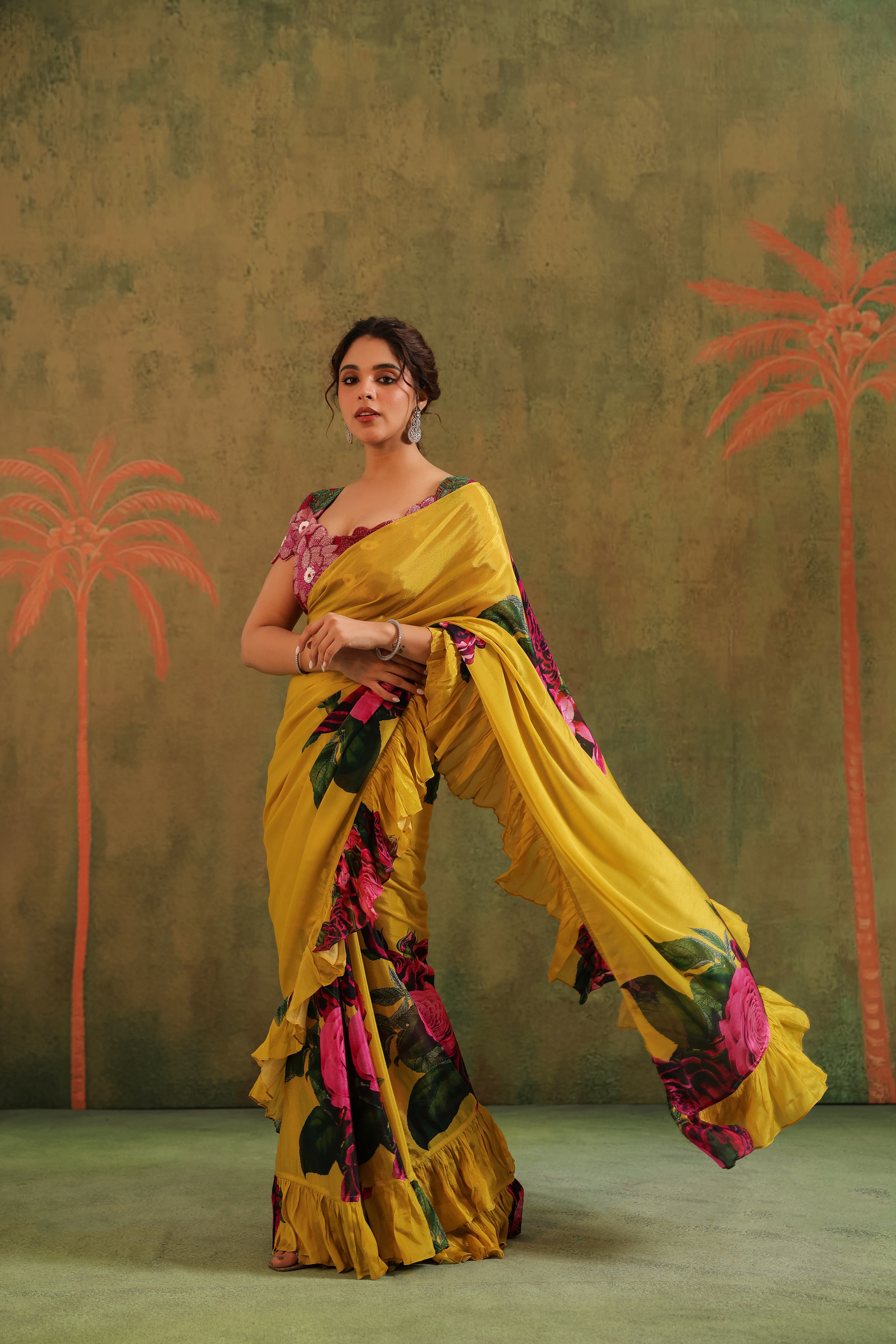 Marigold Yellow Floral Printed Chinon Silk Saree
