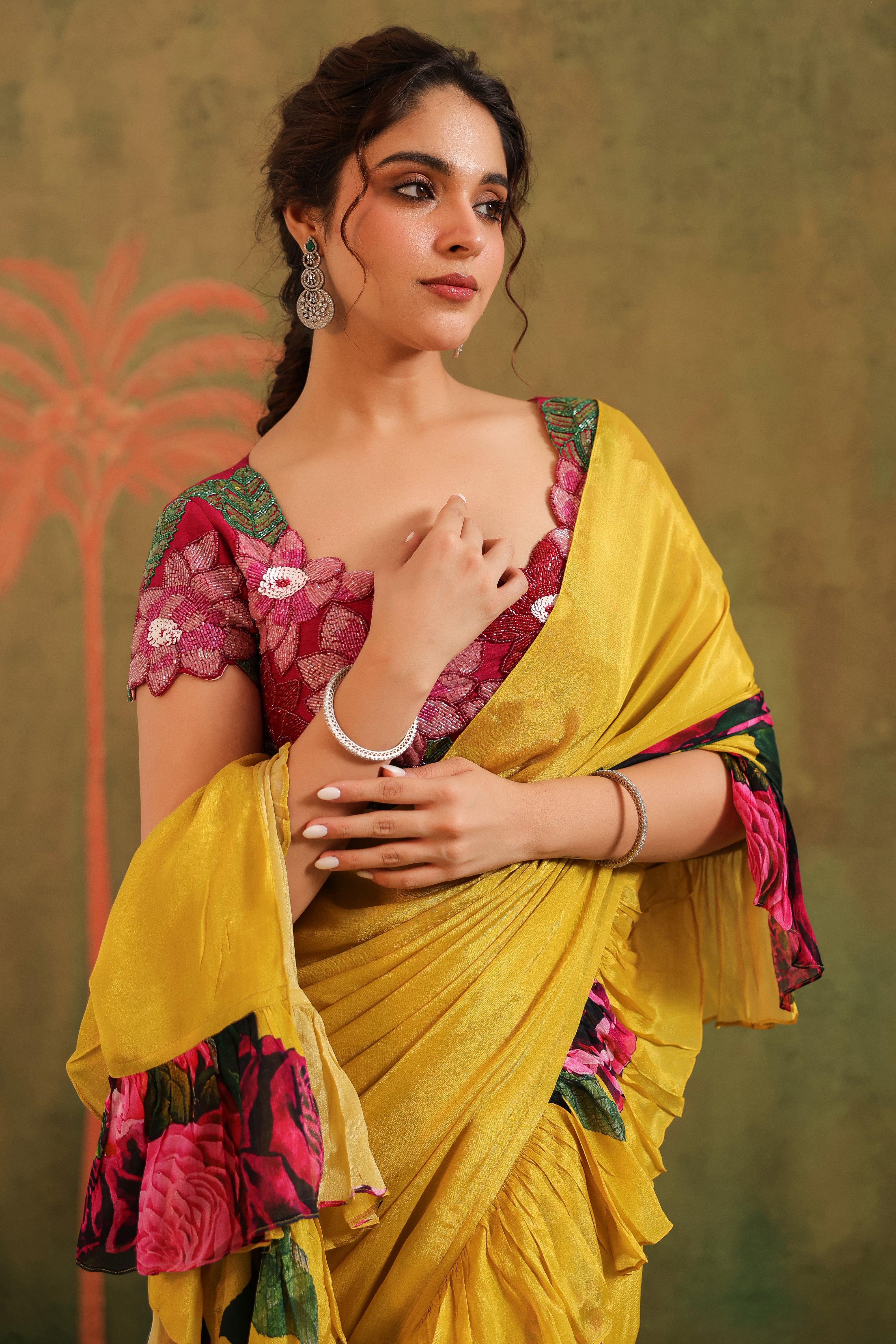 Marigold Yellow Floral Printed Chinon Silk Saree