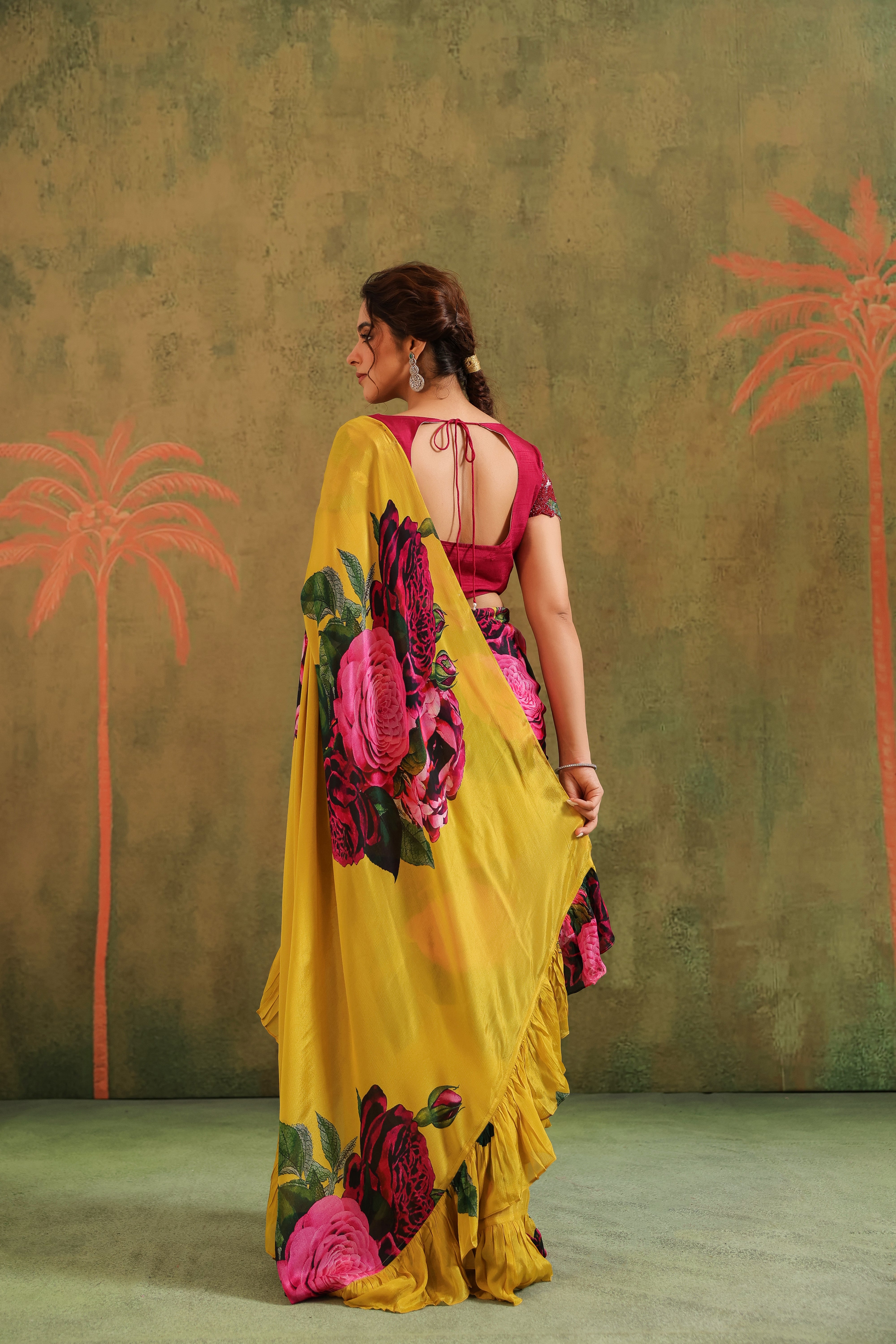 Marigold Yellow Floral Printed Chinon Silk Saree