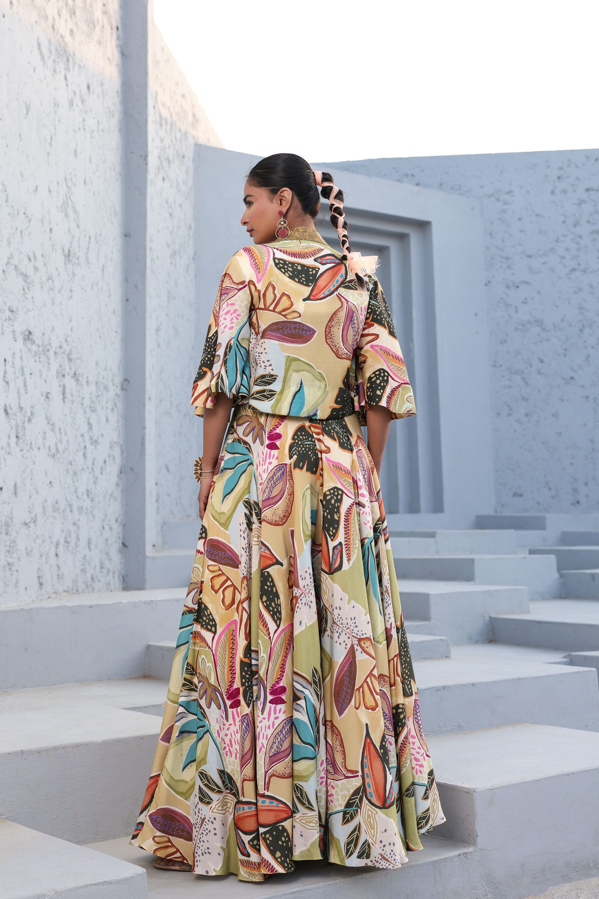 Multi Color Abstract Printed Linen Silk Skirt Set
