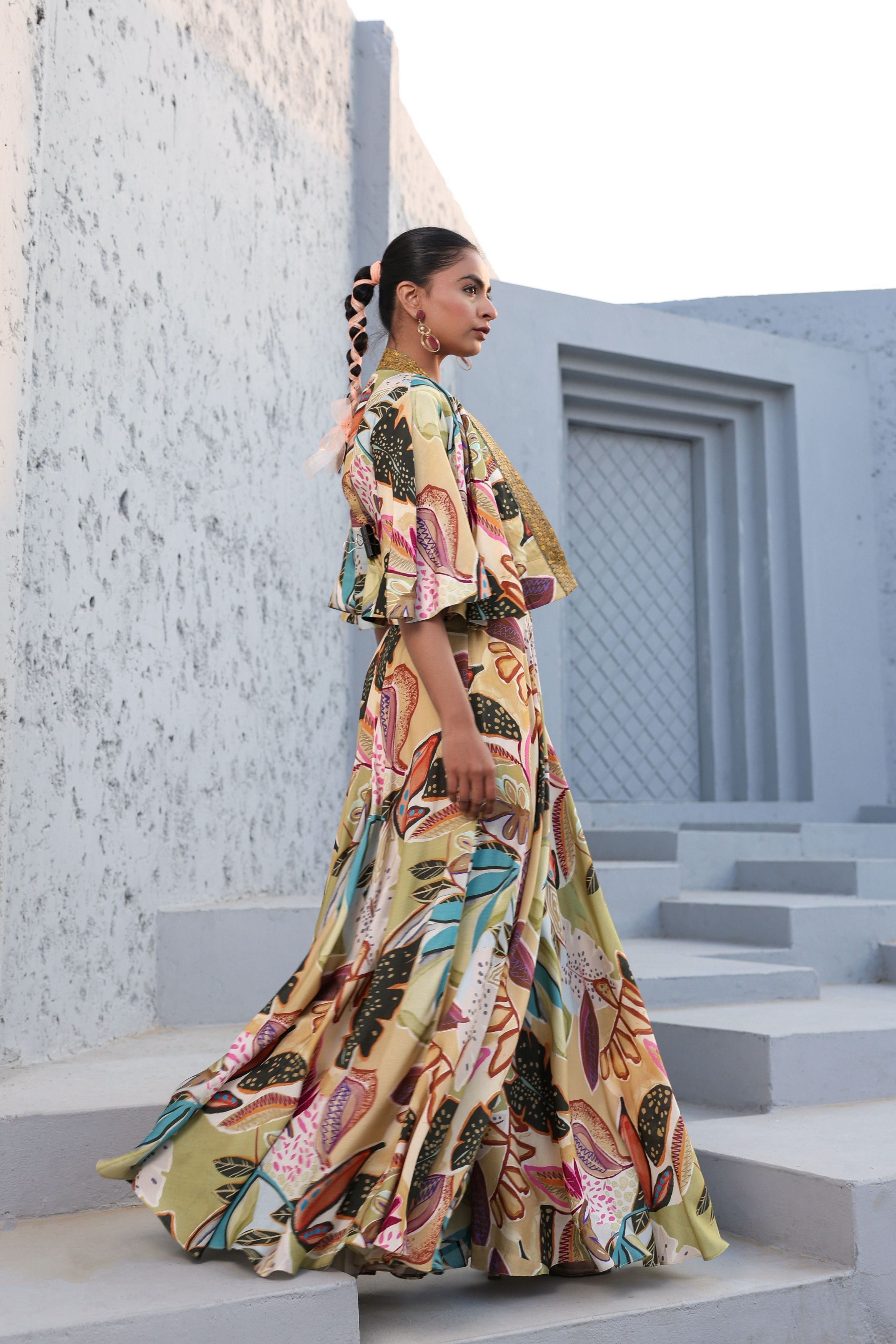 Multi Color Abstract Printed Linen Silk Skirt Set