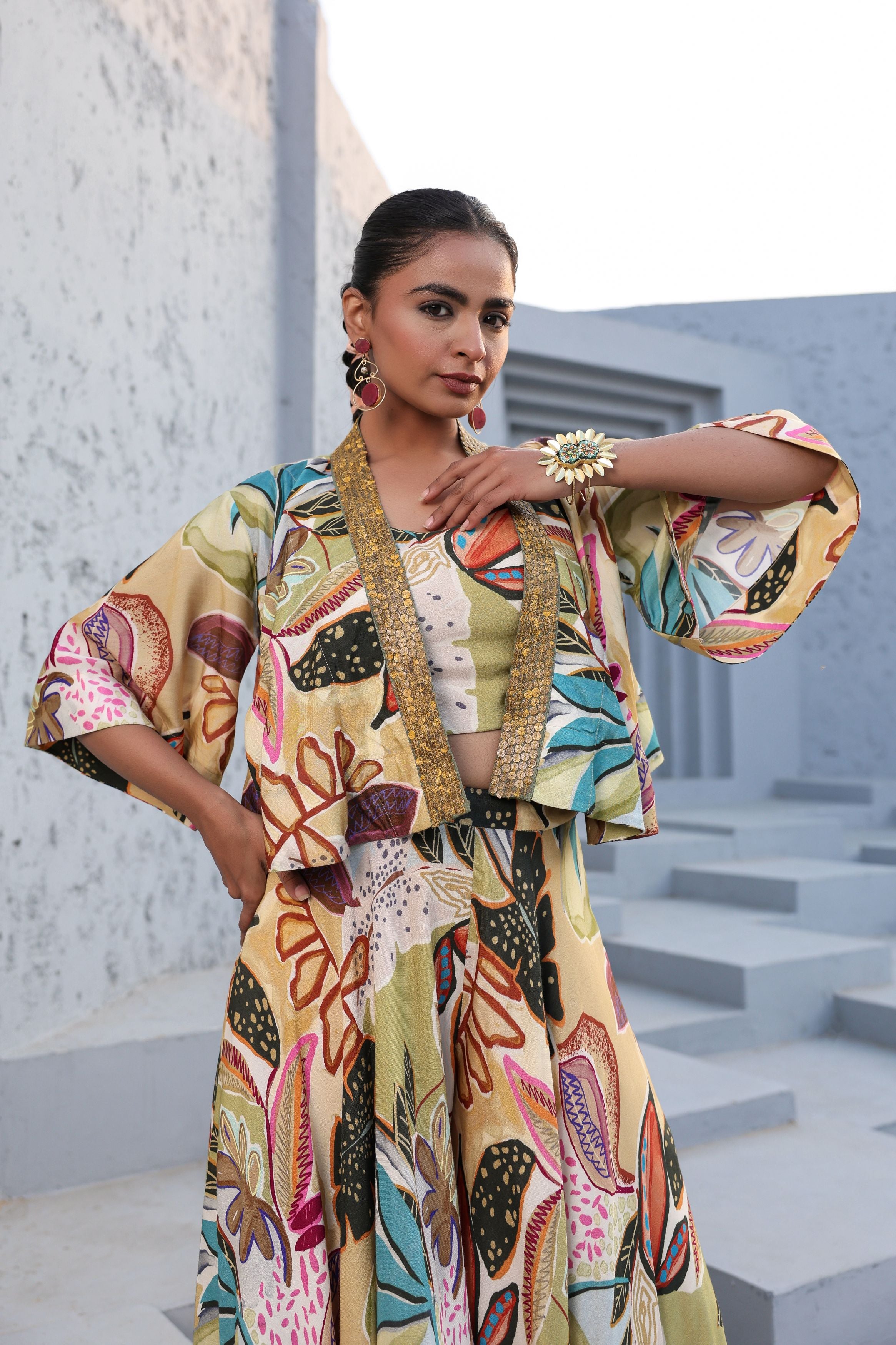 Multi Color Abstract Printed Linen Silk Skirt Set