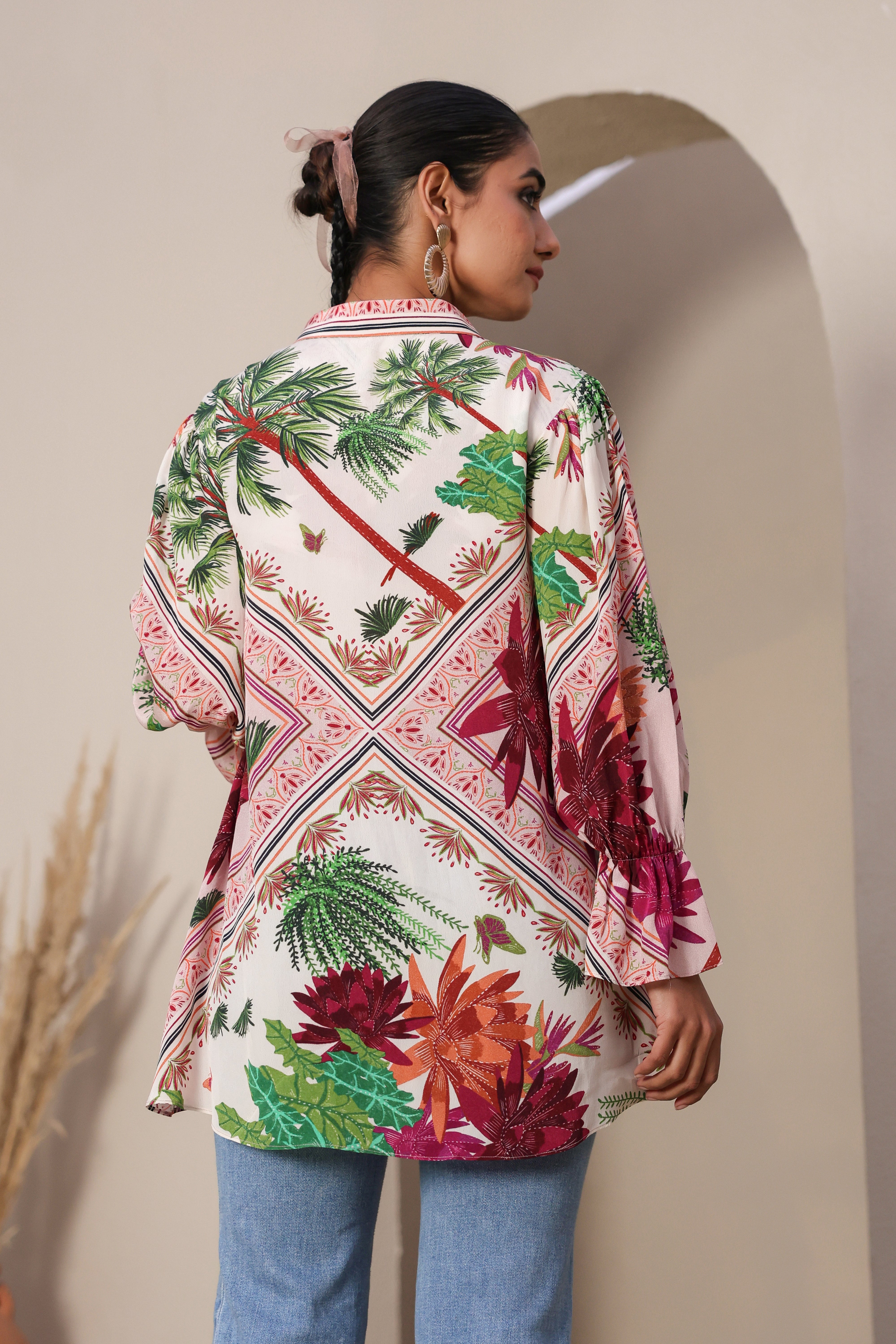 White Tropical Printed Crepe Silk Shirt