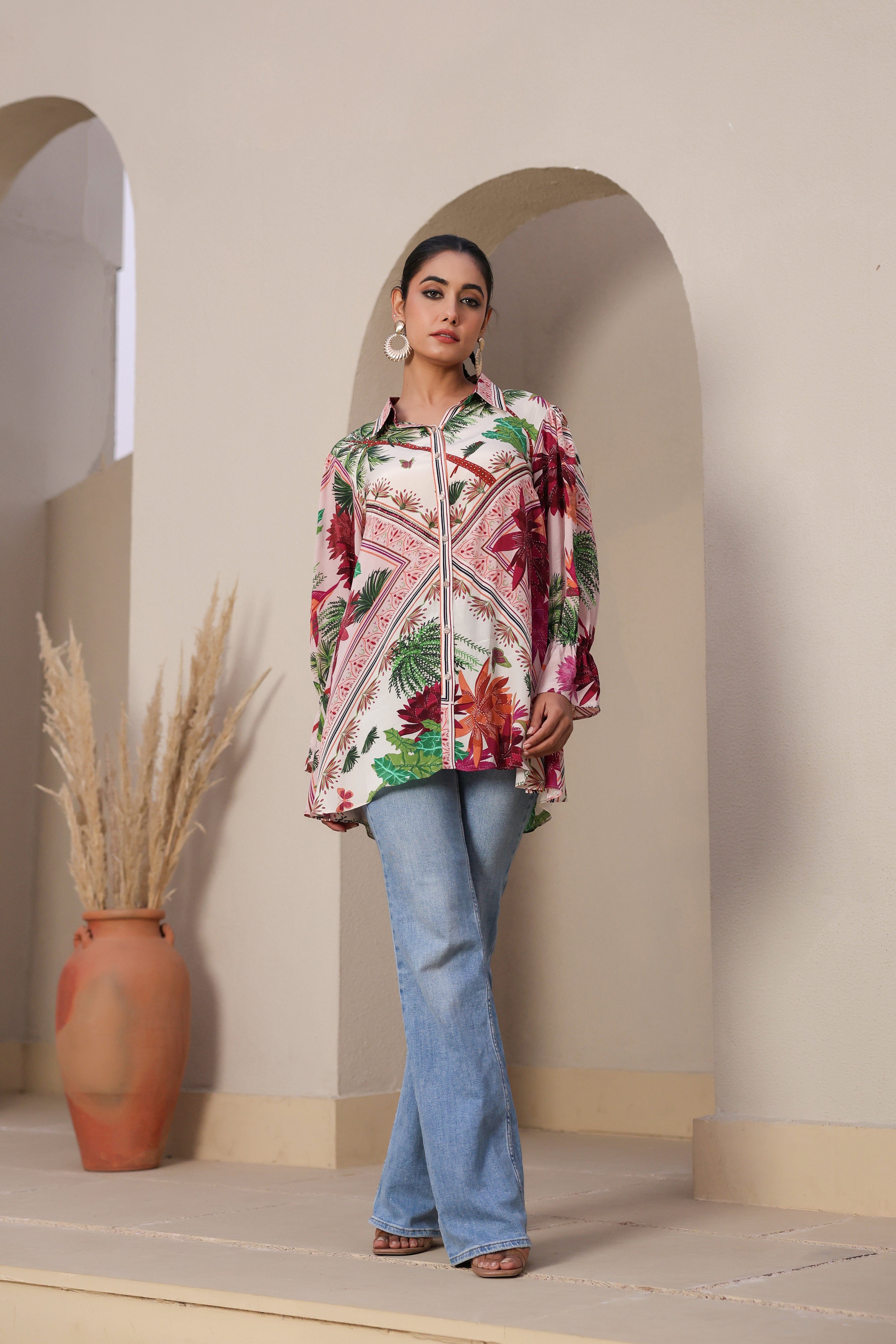 White Tropical Printed Crepe Silk Shirt