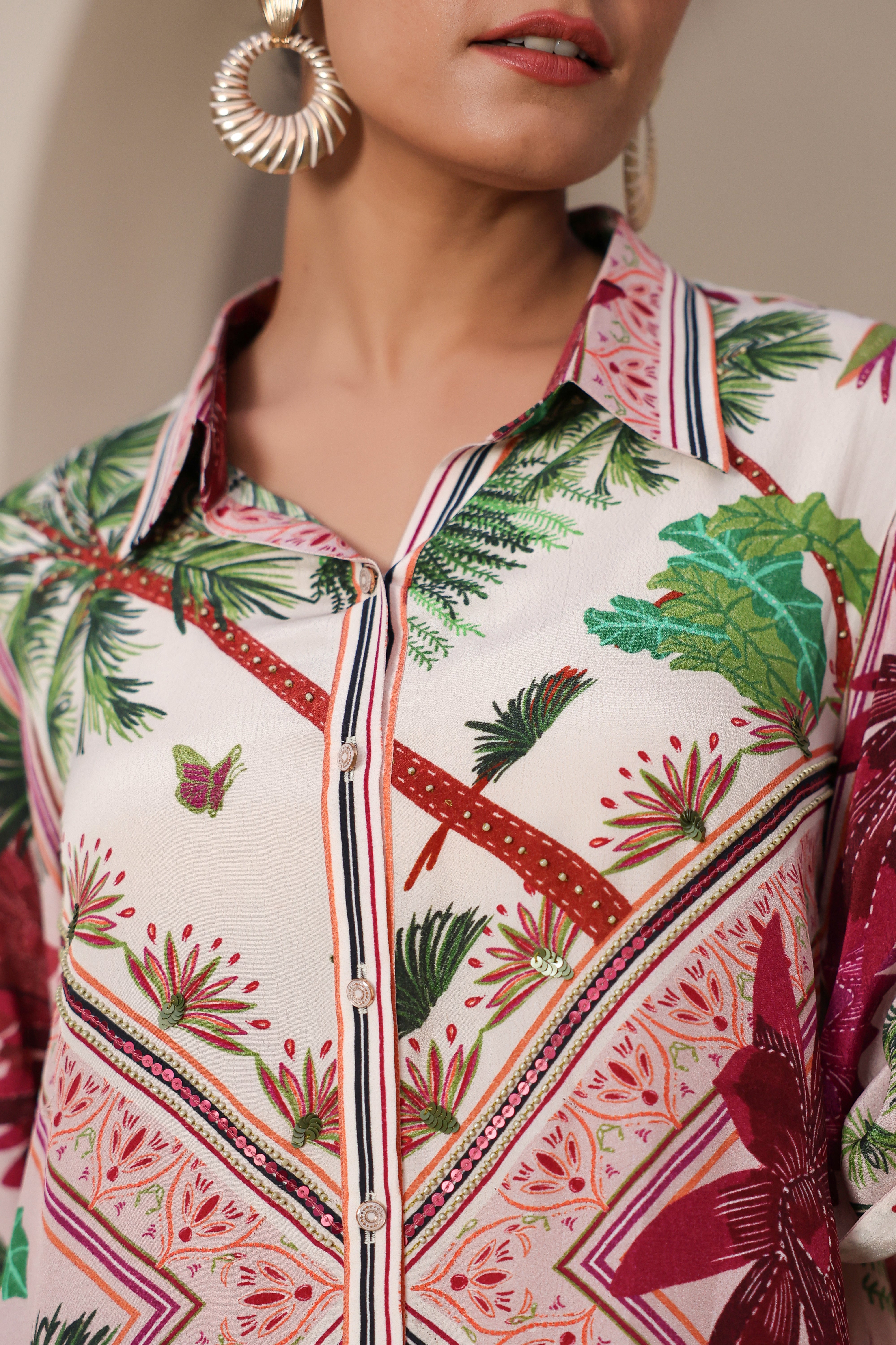 White Tropical Printed Crepe Silk Shirt