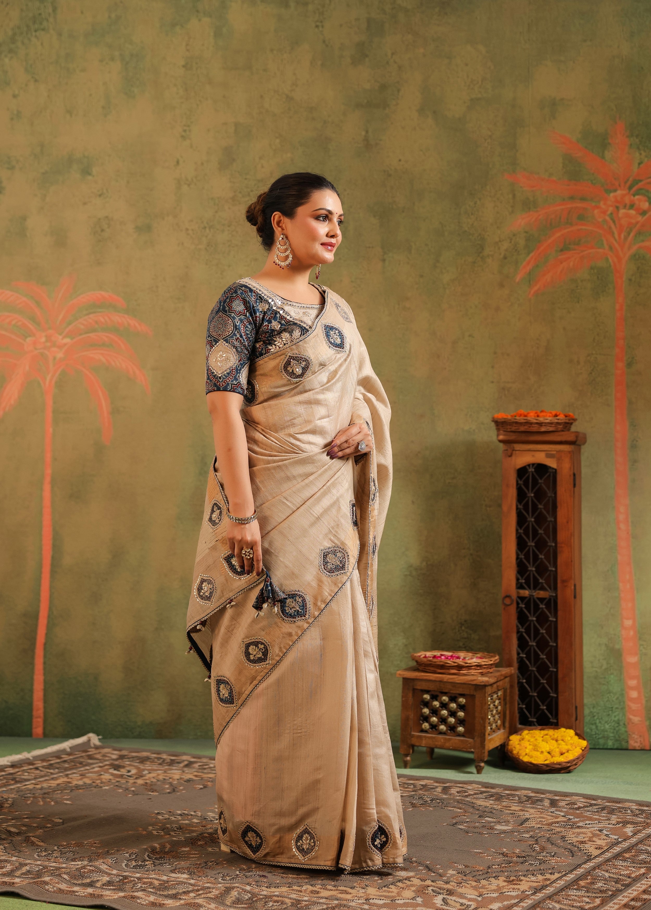Classic Beige Embroidered Premium Silk Saree
