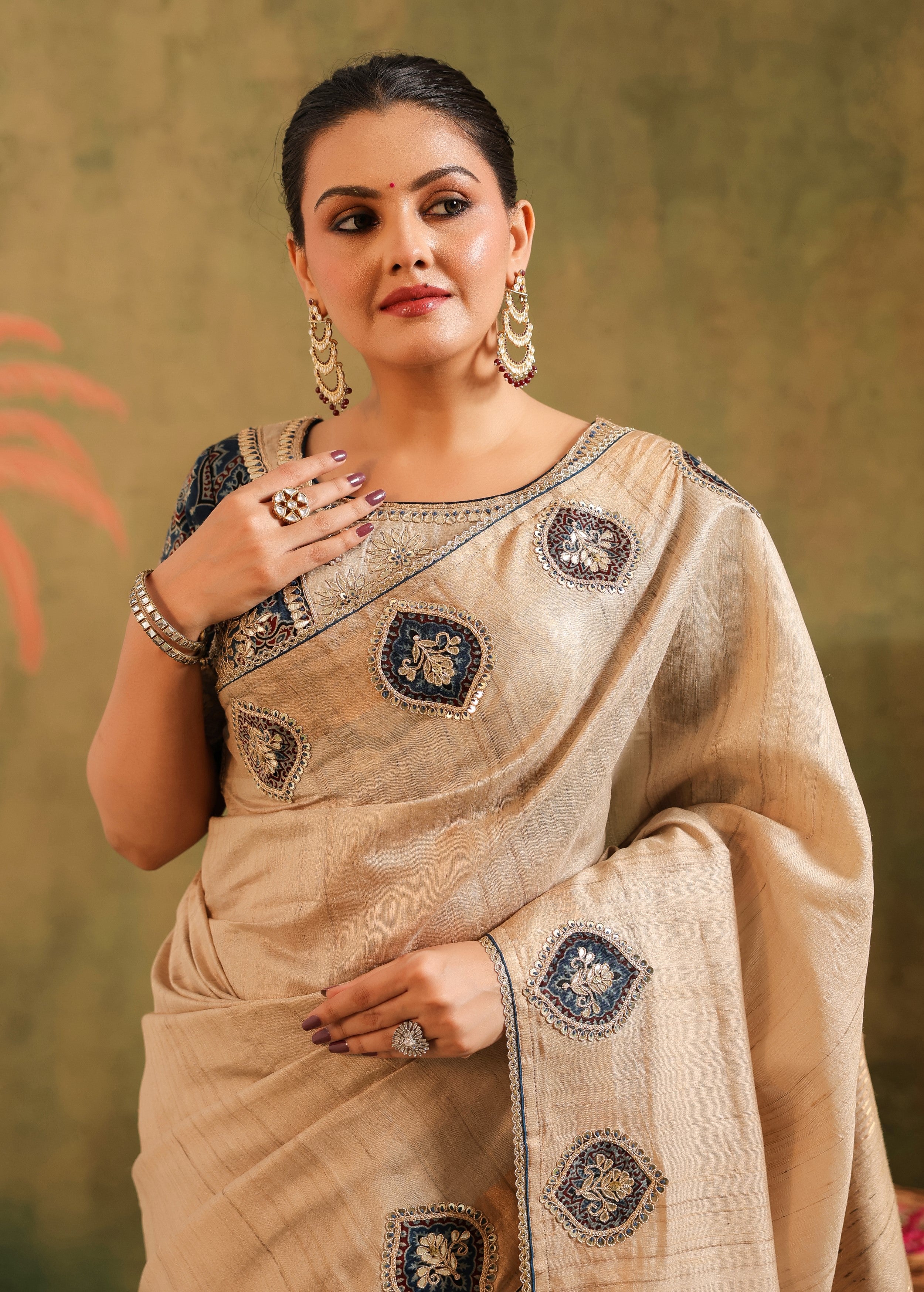 Classic Beige Embroidered Premium Silk Saree