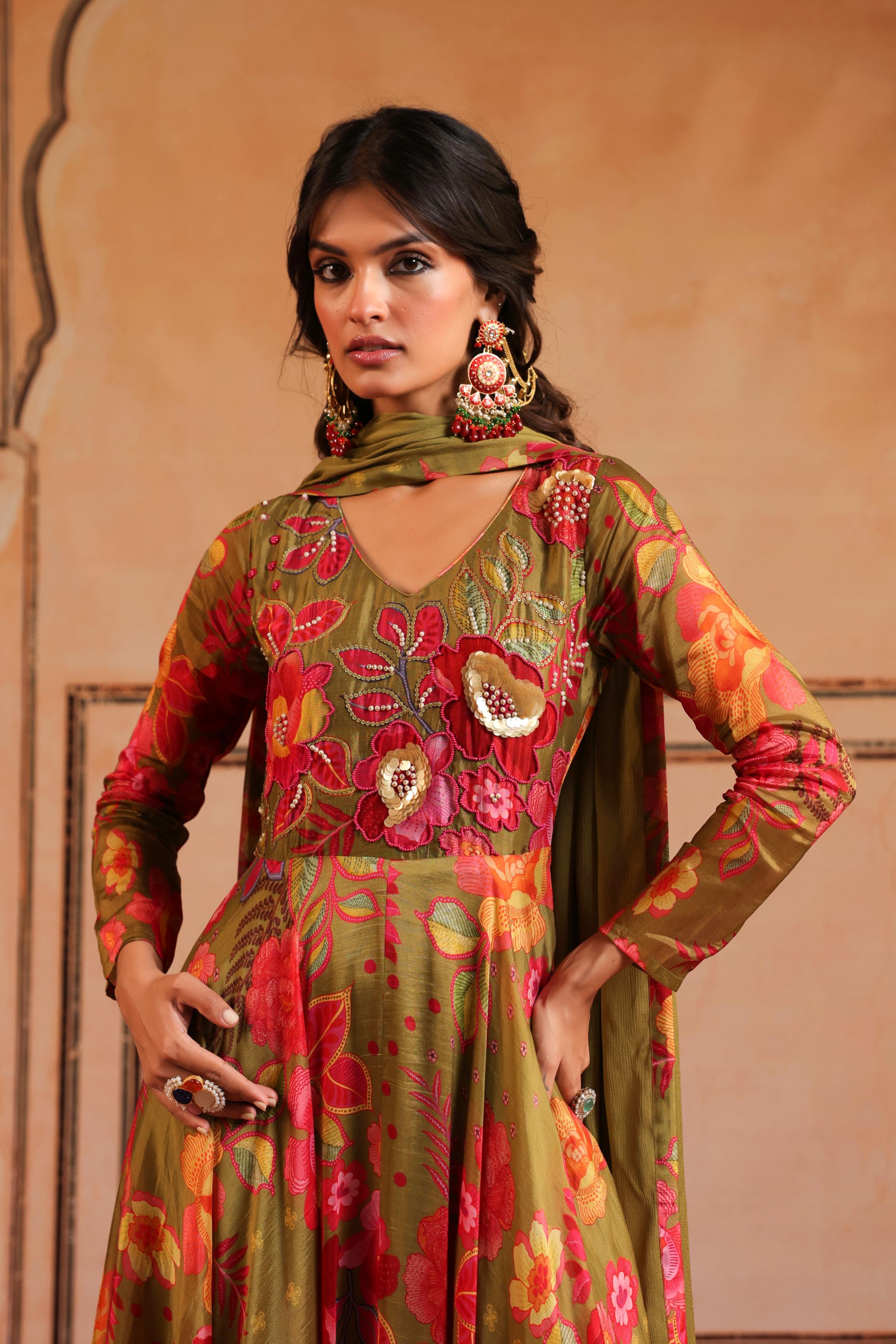 Multicolor Printed Glans Organza Silk Anarkali Set