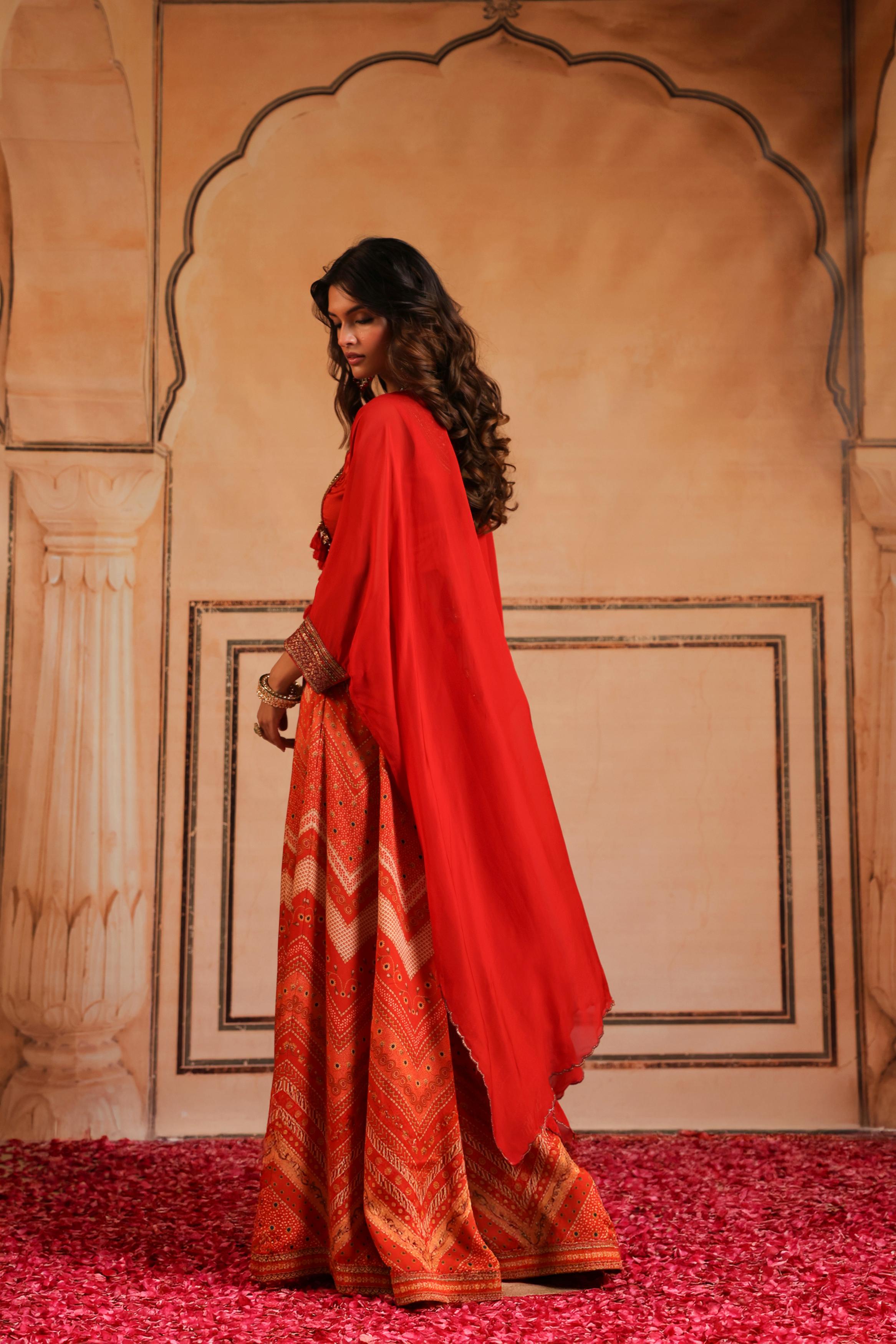 Rust Red Embellished Raw Silk Sharara Set