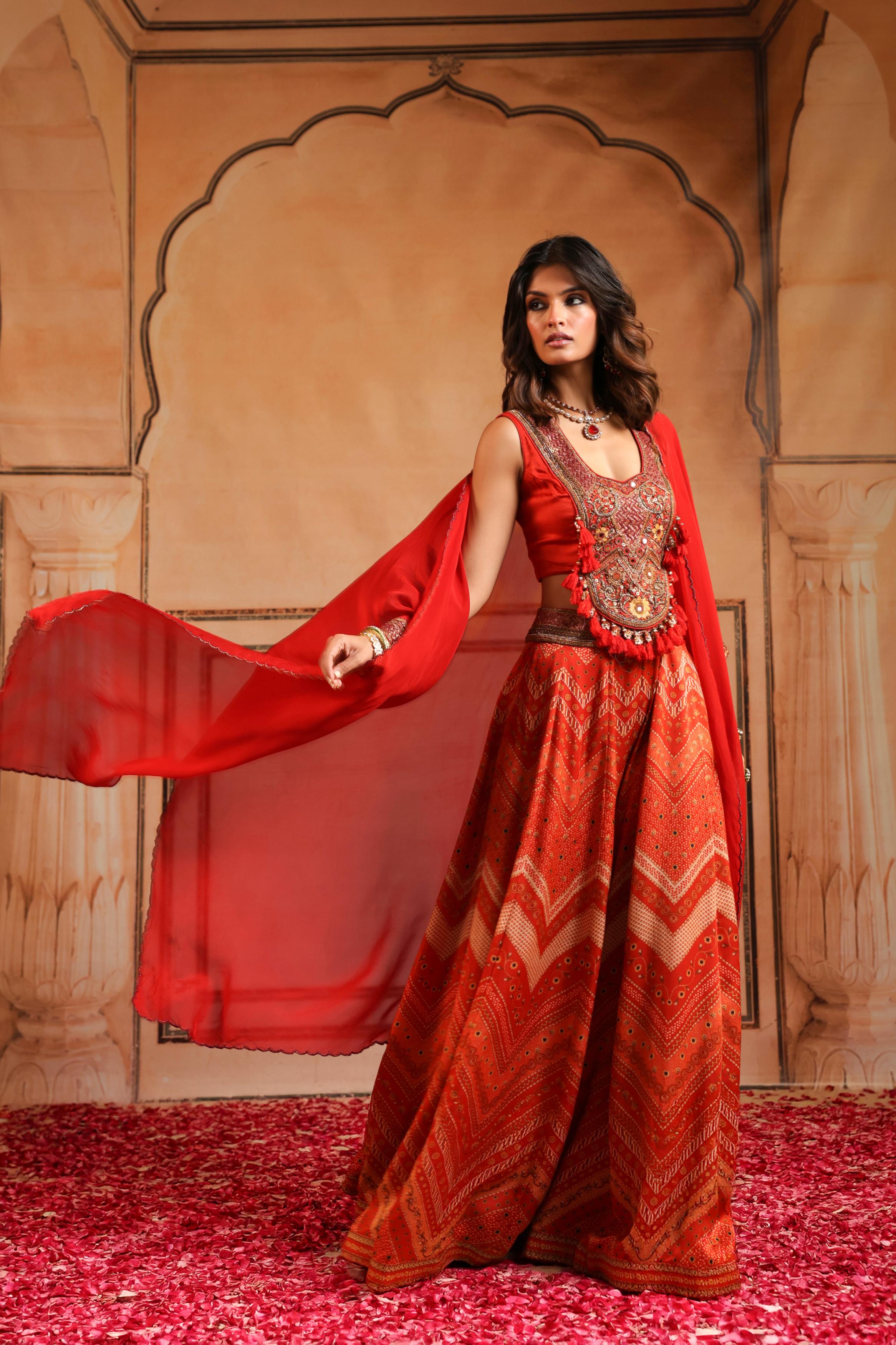 Rust Red Embellished Raw Silk Sharara Set